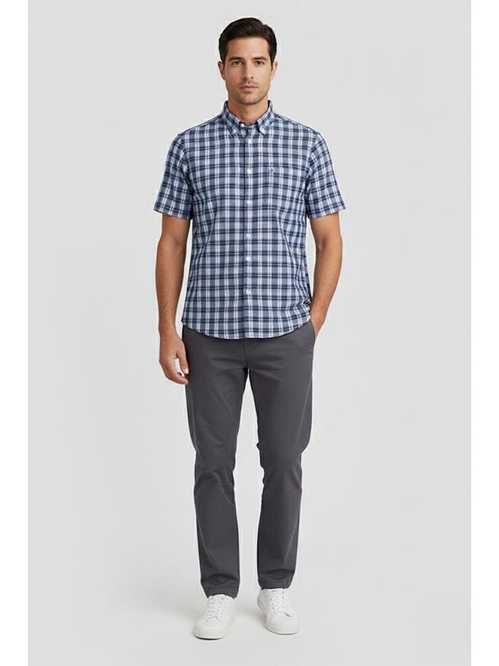 Kısa Kollu Ekose Desenli Pamuk Gömlek Lacivert-1