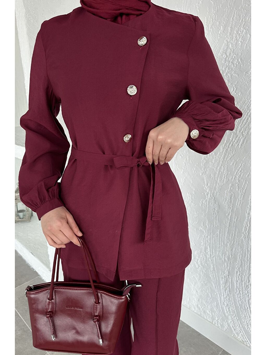 Bordo Düğmeli Bluz Pantolon Tesettür İkili Takım-8