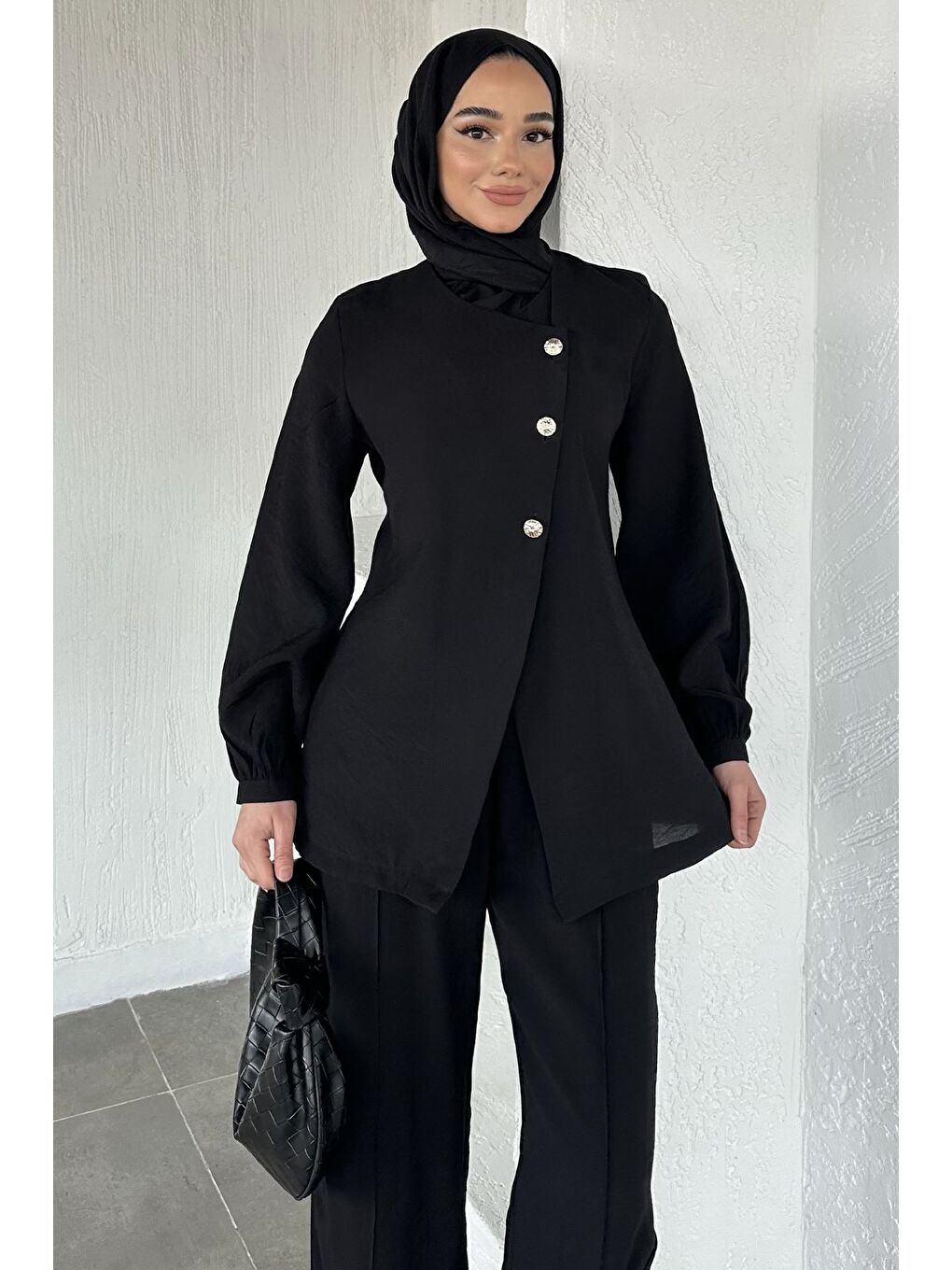 Siyah Düğmeli Bluz Pantolon Tesettür İkili Takım-5