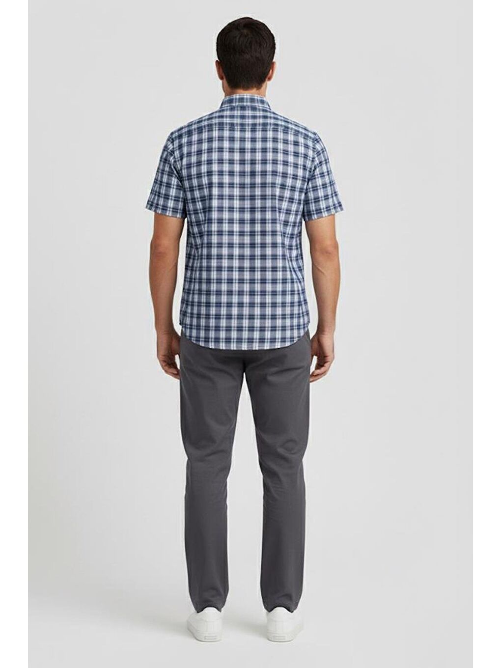 Kısa Kollu Ekose Desenli Pamuk Gömlek Lacivert-2