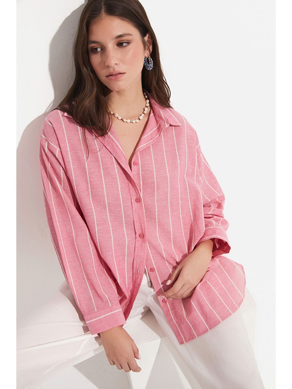 Pembe Kadın Pamuk Çizgili Geniş Kalıp Dokuma Gömlek-2