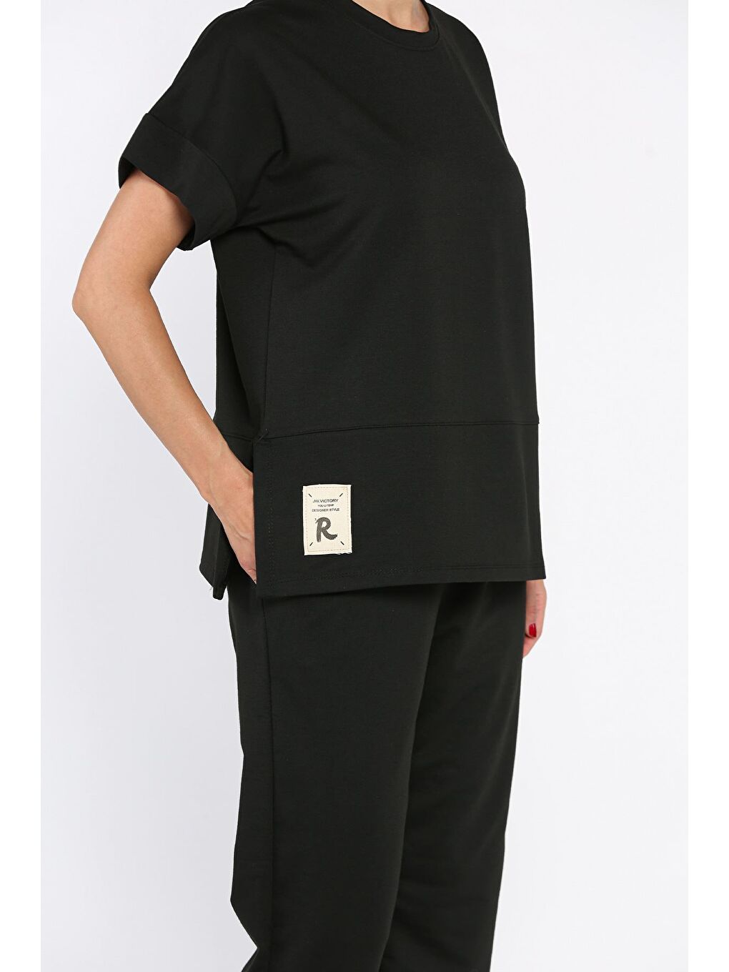 Siyah Kadın Büyük Beden Armalı Tişört Pantolon İkili Takım-3