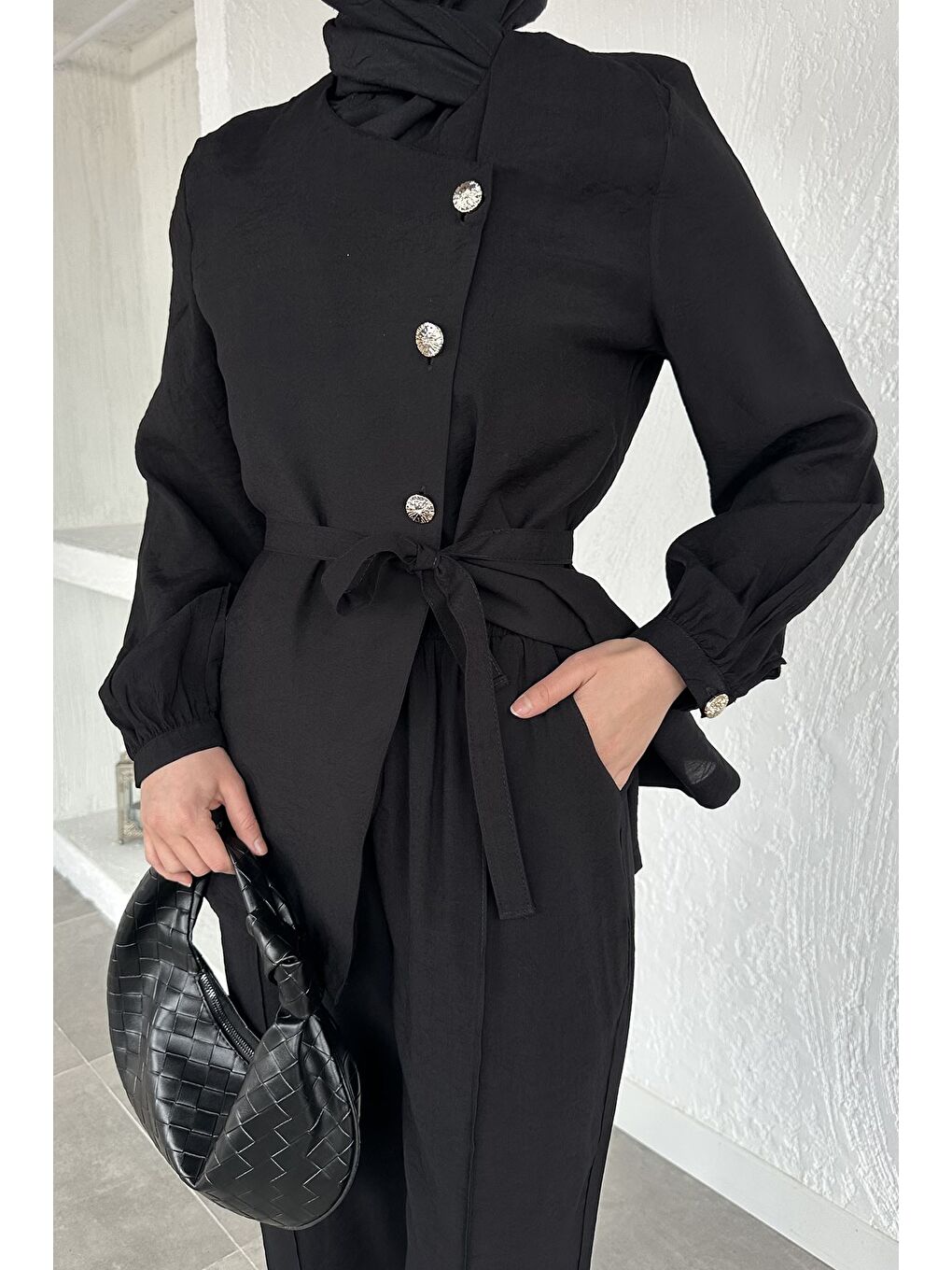 Siyah Düğmeli Bluz Pantolon Tesettür İkili Takım-9