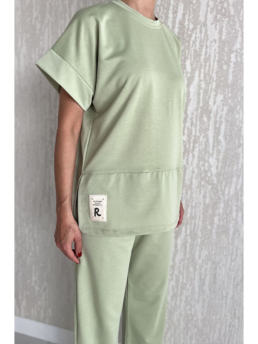 Yeşil Kadın Büyük Beden Armalı Tişört Pantolon İkili Takım-3