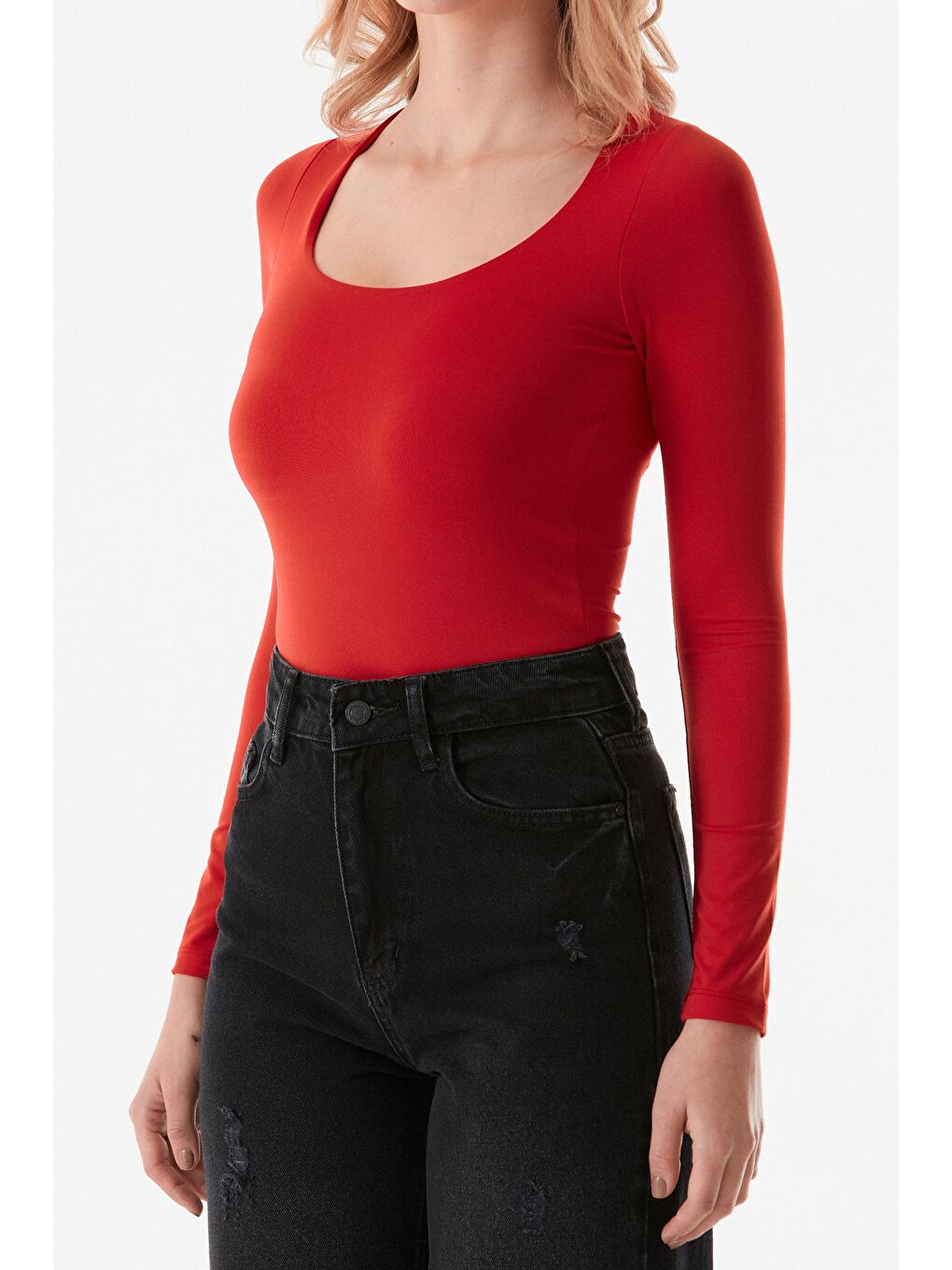 Kırmızı Basic Kare Yaka Bluz-4