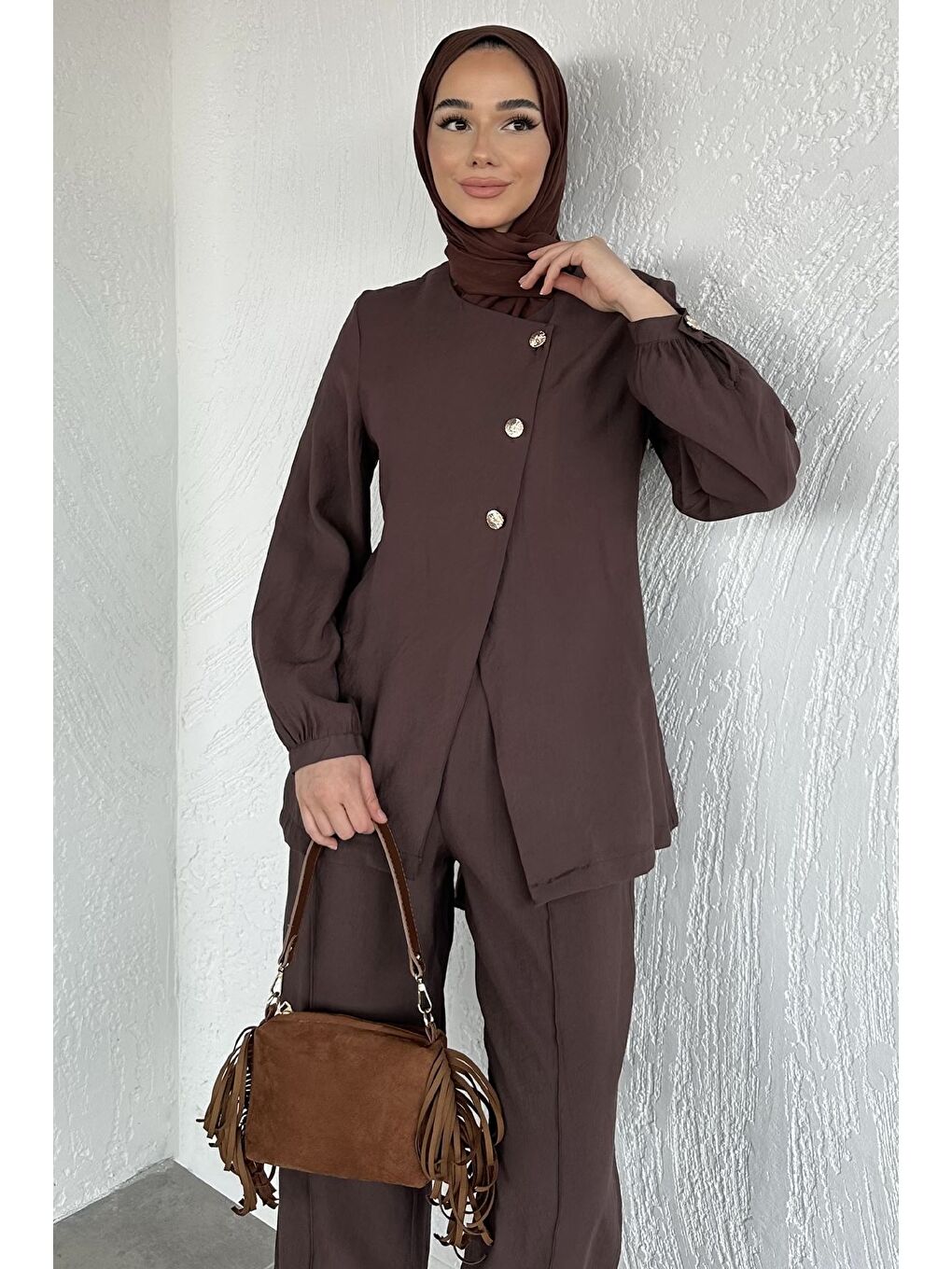 Kahverengi Düğmeli Bluz Pantolon Tesettür İkili Takım-2