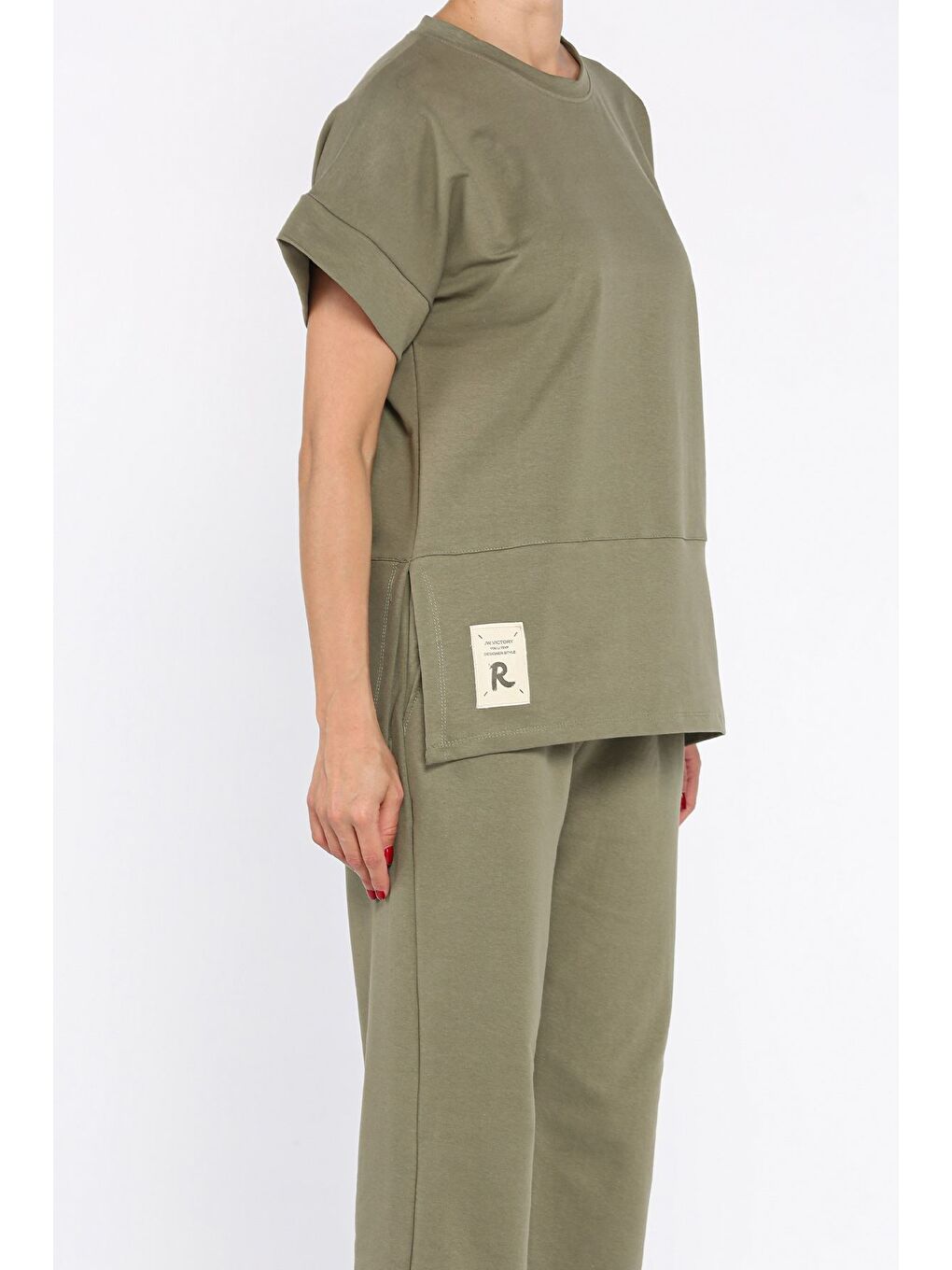 Haki Kadın Büyük Beden Armalı Tişört Pantolon İkili Takım-3