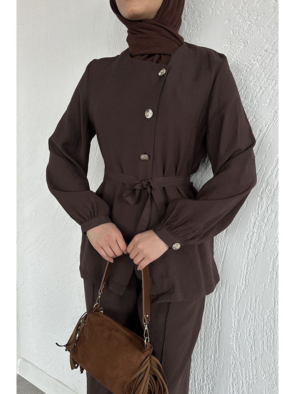 Kahverengi Düğmeli Bluz Pantolon Tesettür İkili Takım-4