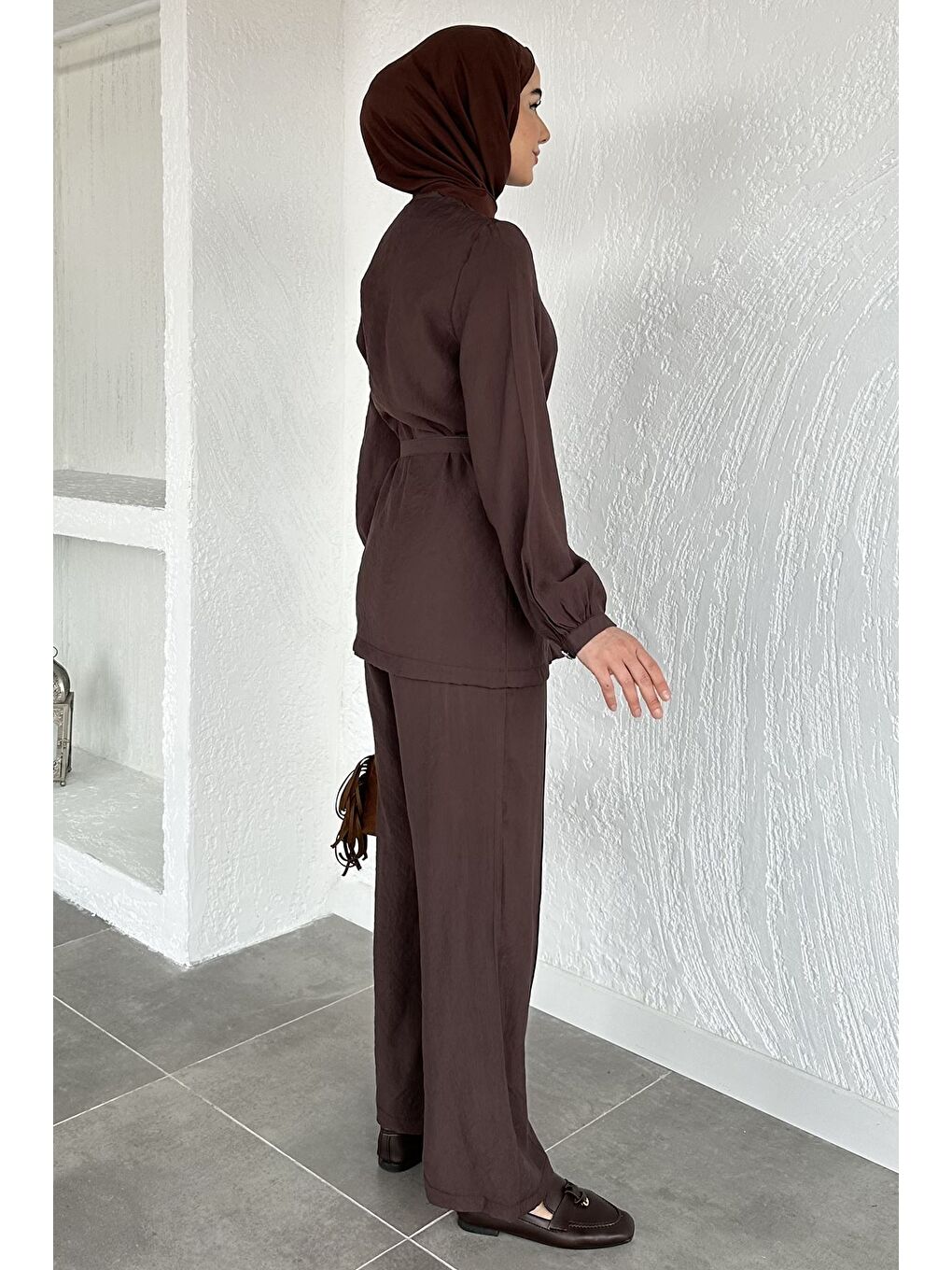 Kahverengi Düğmeli Bluz Pantolon Tesettür İkili Takım-6