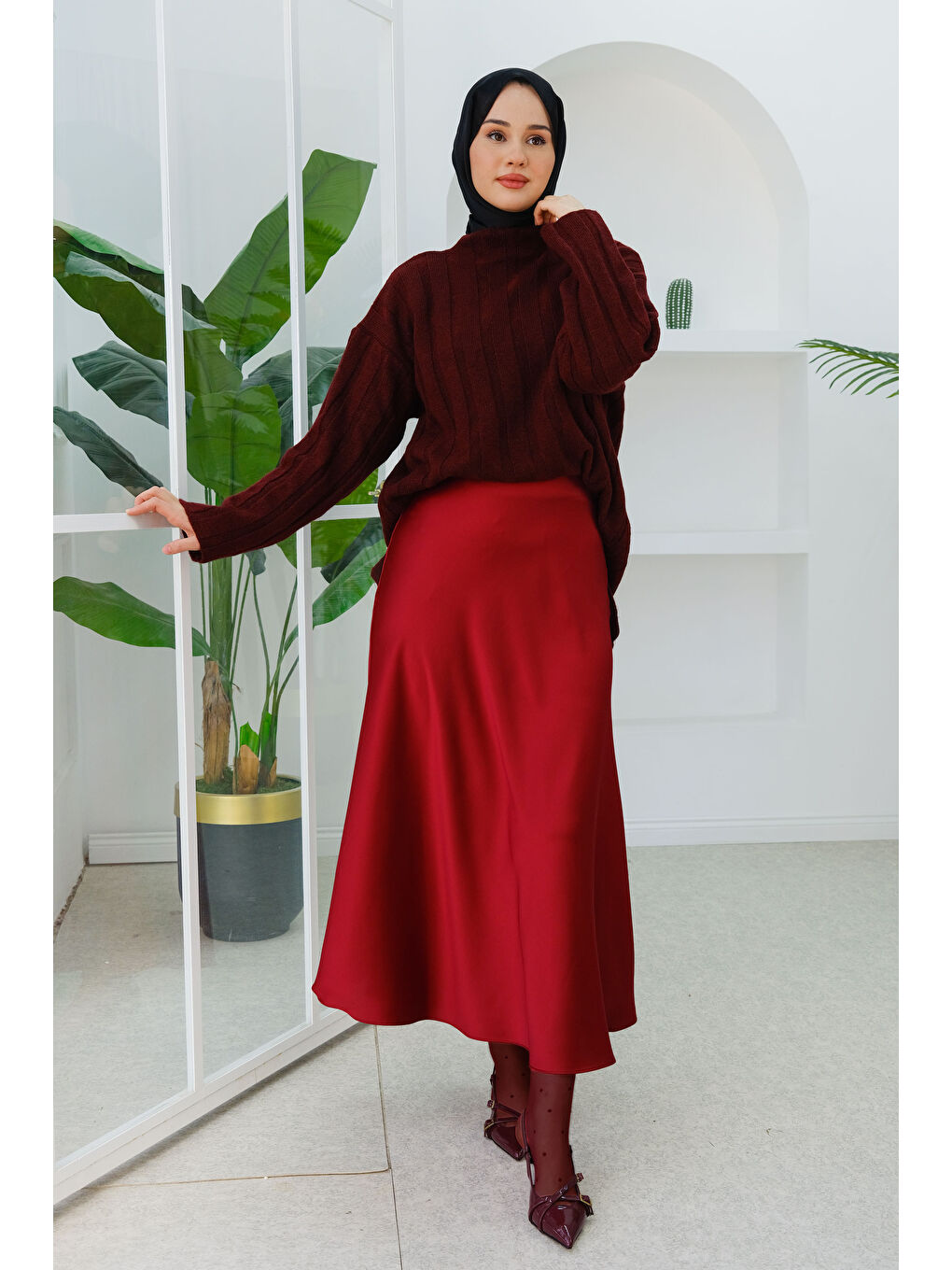 Locco Moda Kiloş Saten Etek  Bordo