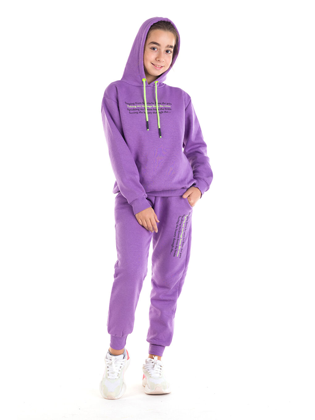 Mor Kız Çocuk Renkli Yazı Baskılı Kapüşonlu Eşofman Takımı 14121-2