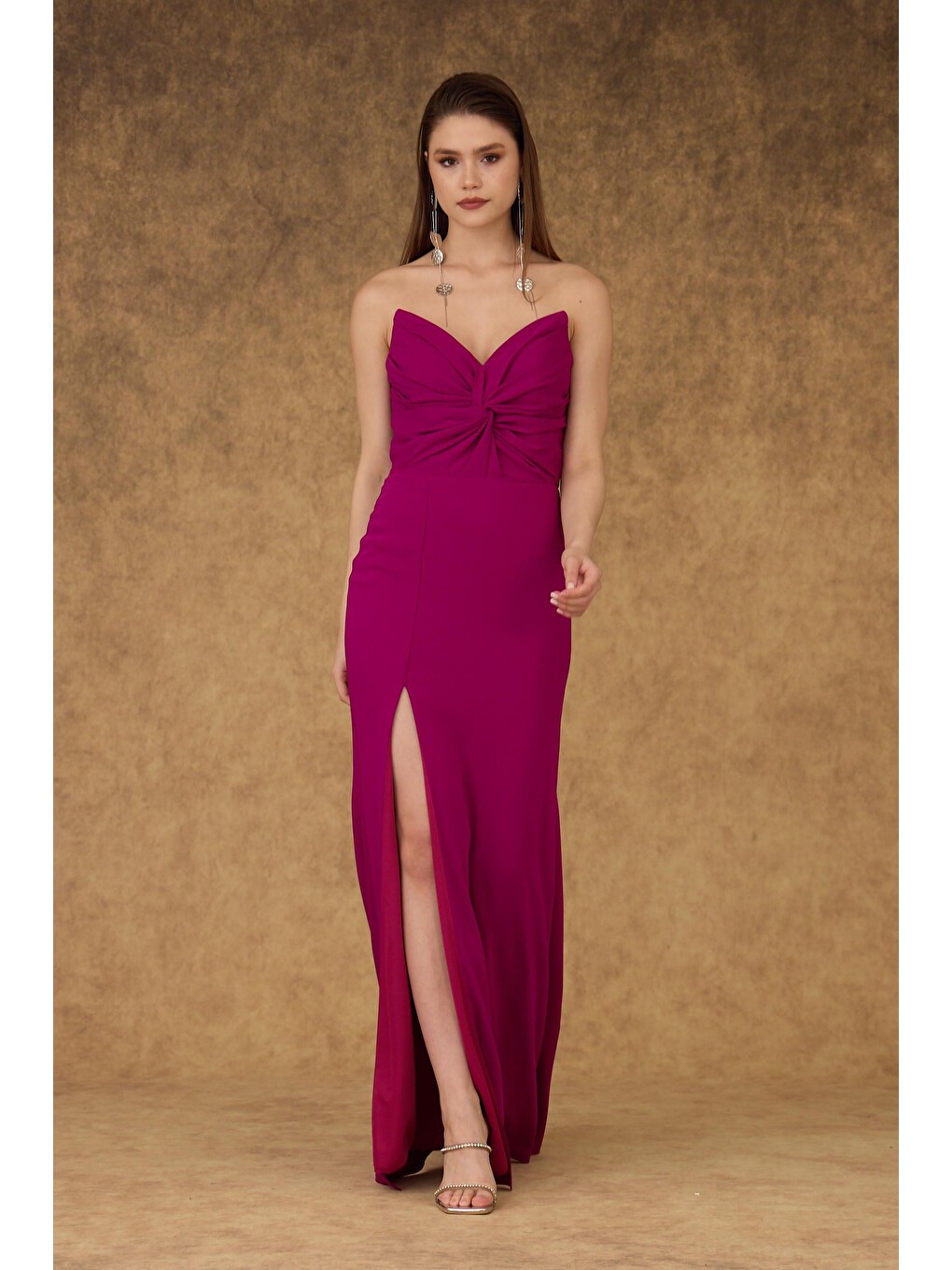 Fuşya Straplez Şifon Abiye Elbise