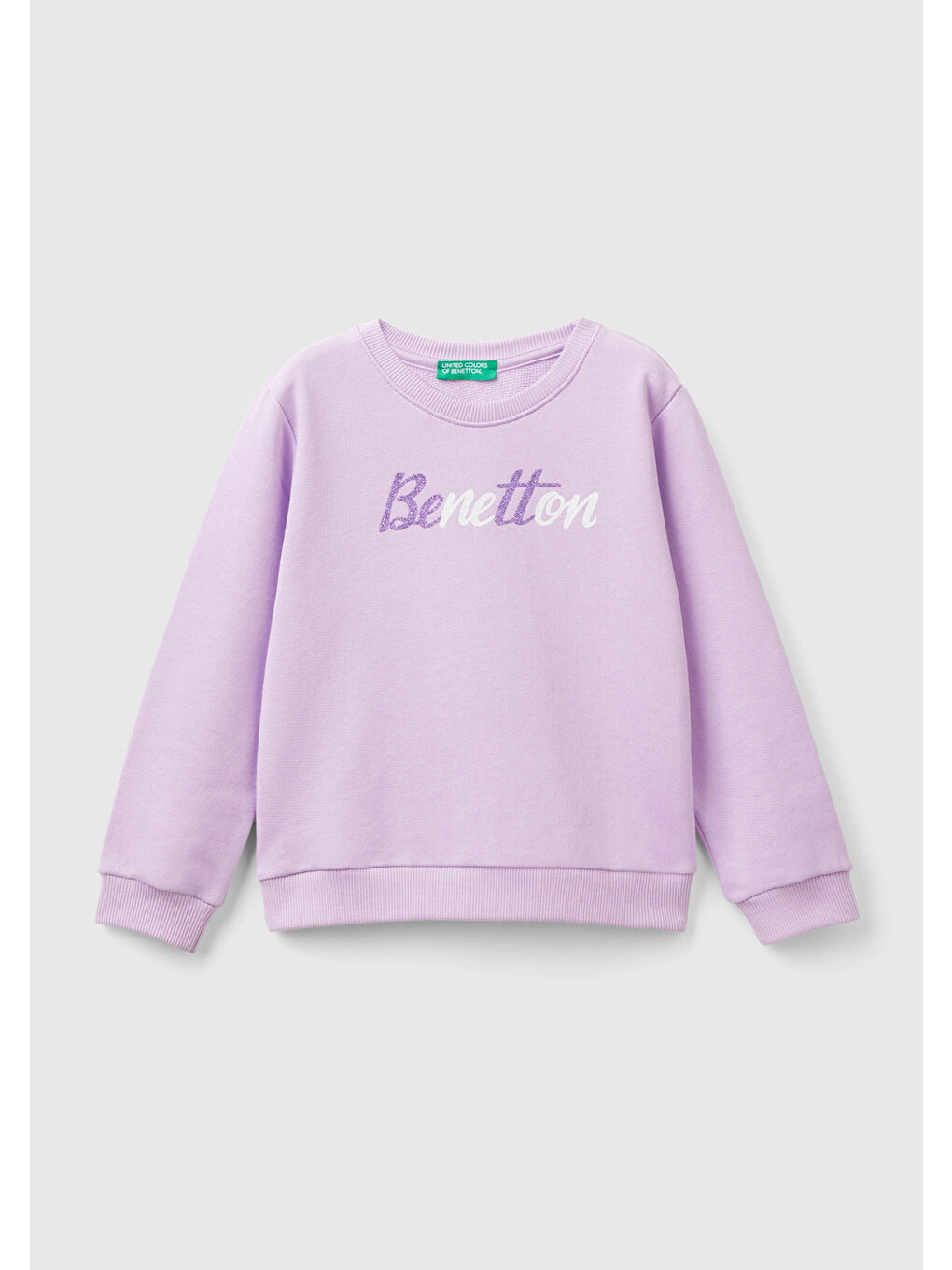 United Colors Of Benetton Kız Çocuk Lila Önü Simli Logo Baskılı Normal Kesim Bisiklet Yaka Sweatshirt