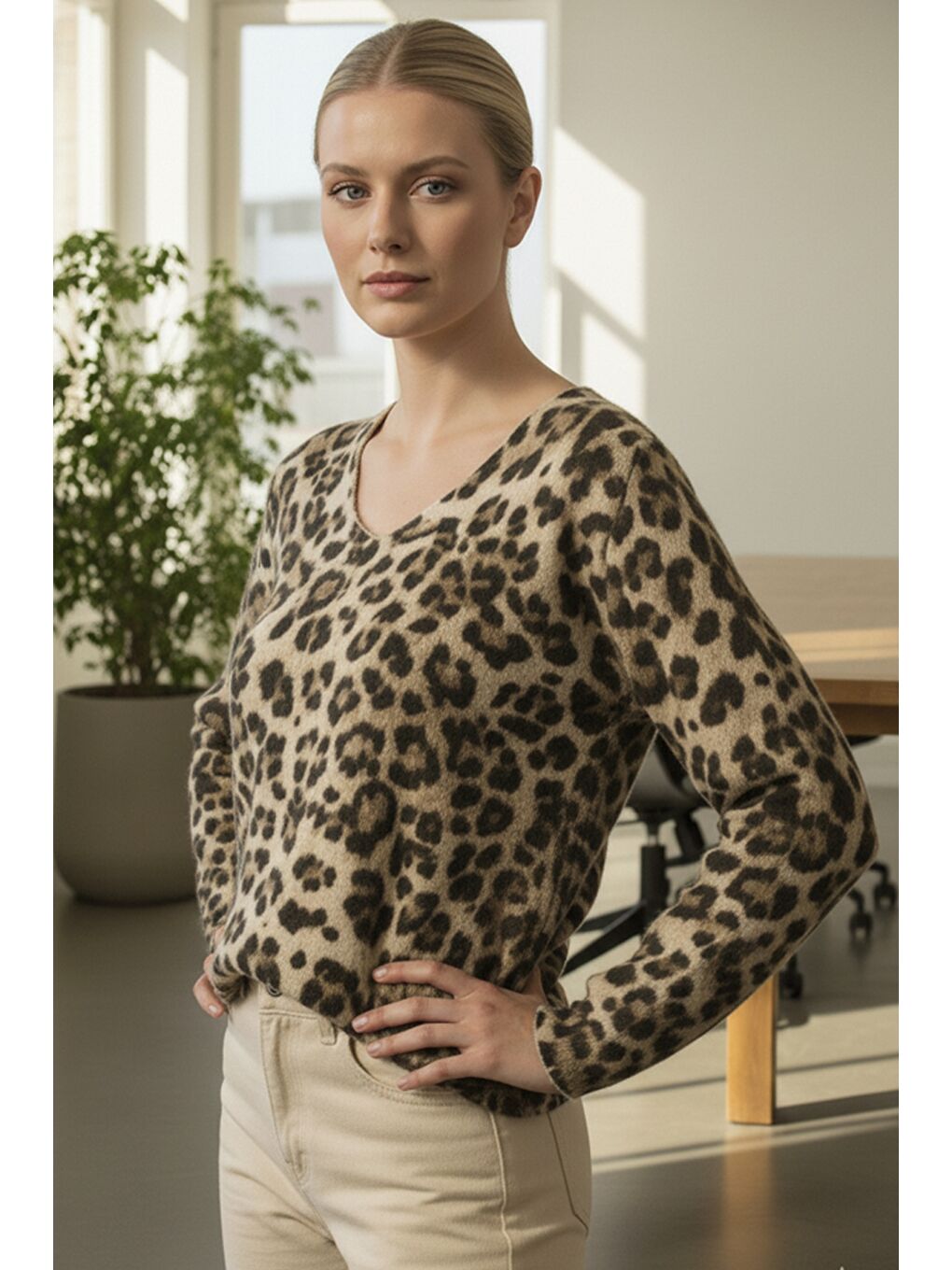 Ekru İtalyan Krem Rengi V Yaka Uzun Kol Leopar Desenli İnce Casual Oversize Triko Bluz 64 54-1