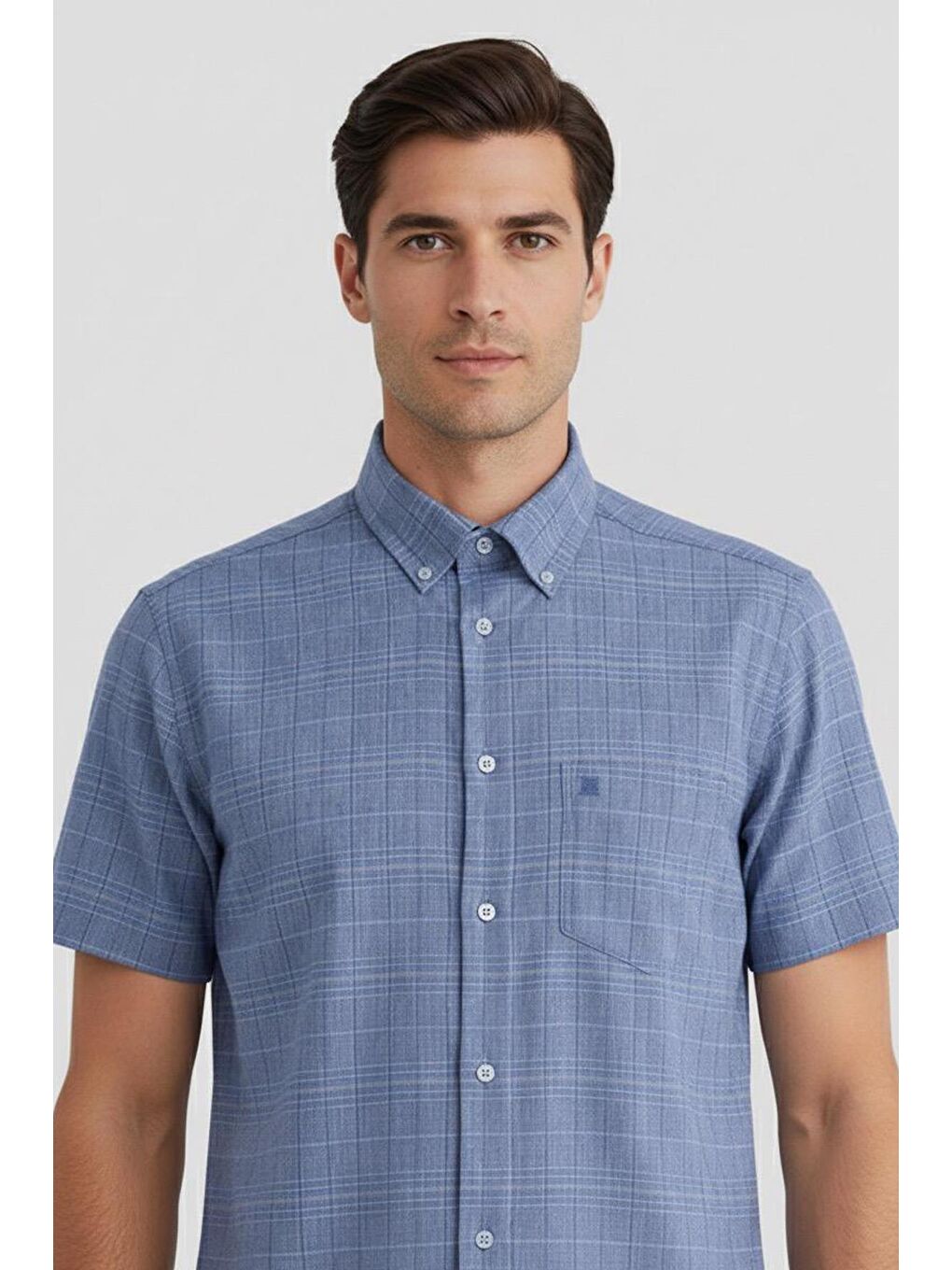 Erkek Lacivert Kısa Kollu Ekose Desenli Pamuk Gömlek – Düğmeli Yaka, Regular Fit-1