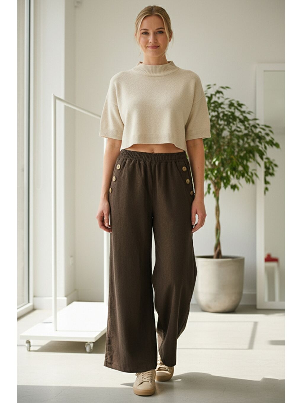 İtalyan Kahverengi Cepli Lastikli Bel Geniş Paça İnce Fitilli Kadife Dokuma Pantolon 100 62-1