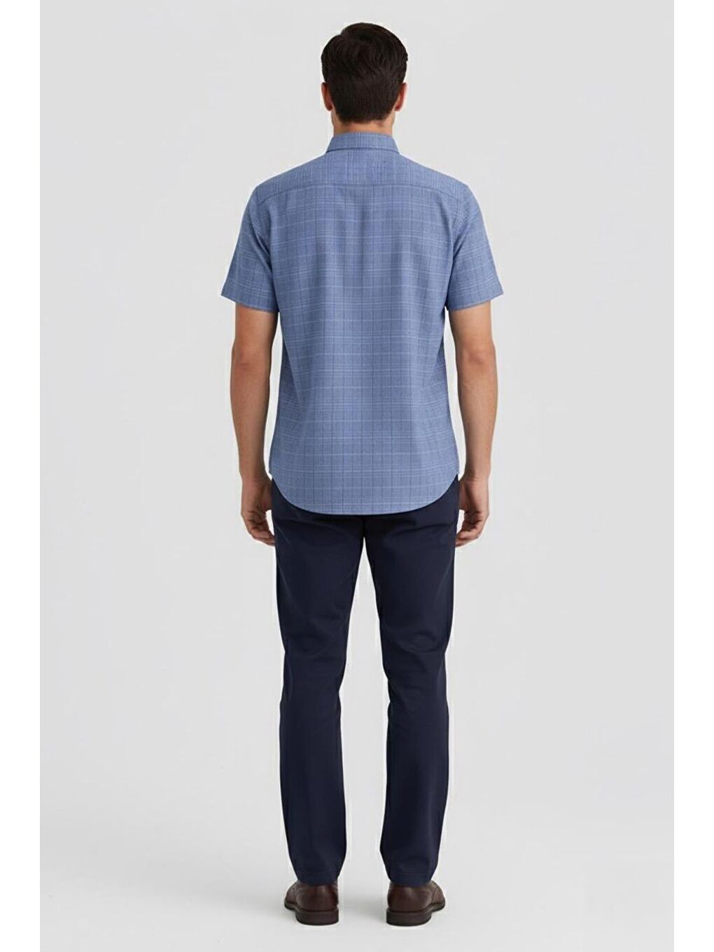 Erkek Lacivert Kısa Kollu Ekose Desenli Pamuk Gömlek – Düğmeli Yaka, Regular Fit-2