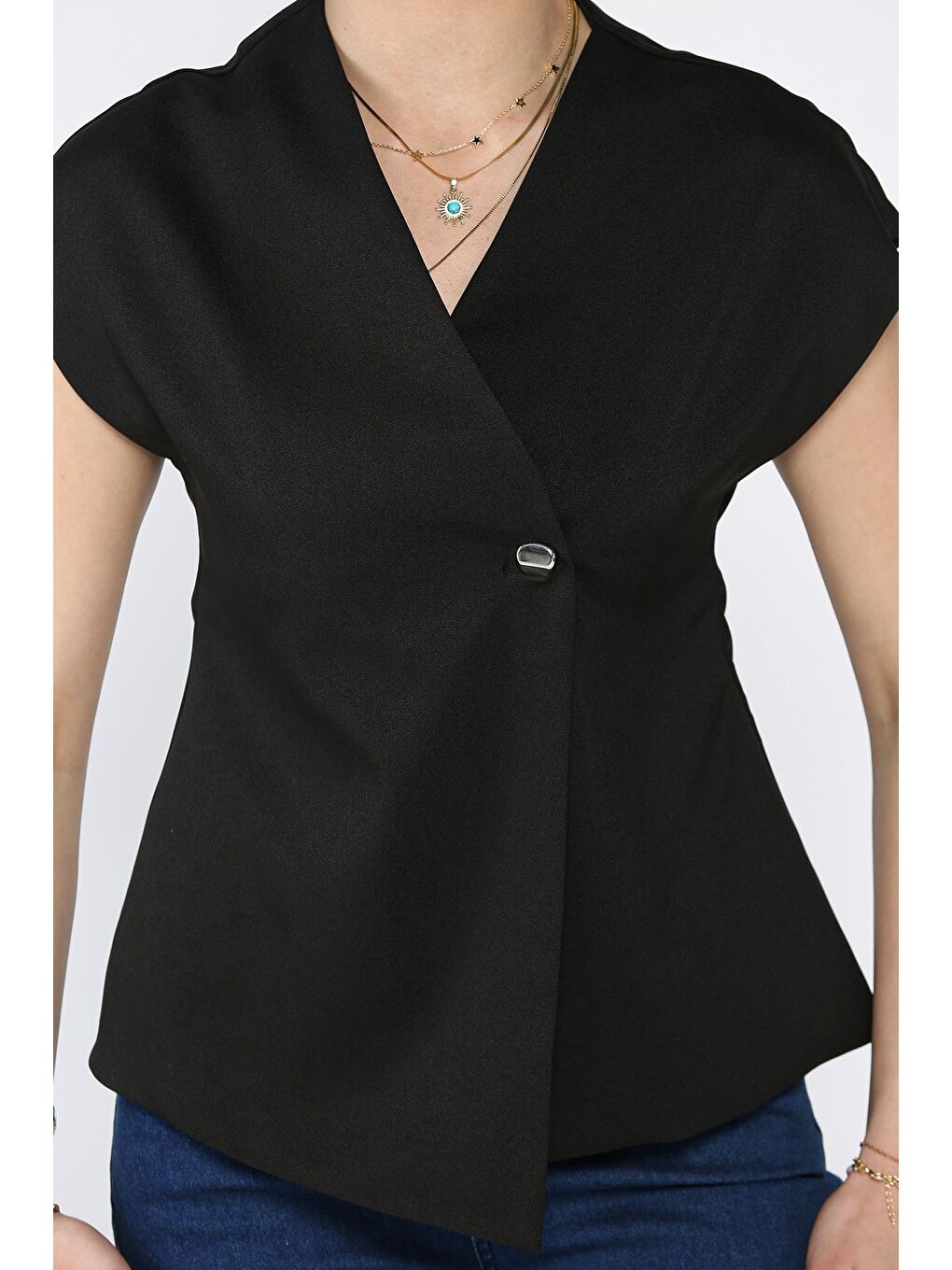 Siyah Kadın Astarlı Tek Düğmeli Yelek-3