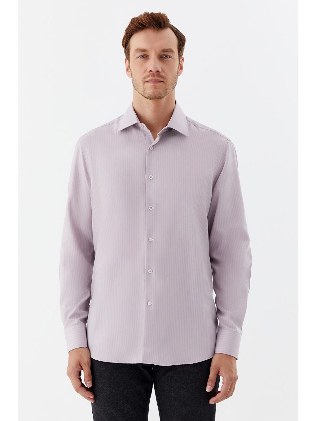 Erkek Fuşya Çizgili Klasik Yaka Regular Fit Gömlek