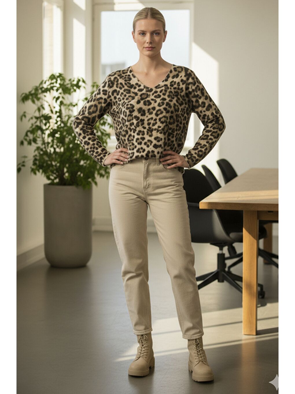 Ekru İtalyan Krem Rengi V Yaka Uzun Kol Leopar Desenli İnce Casual Oversize Triko Bluz 64 54-3