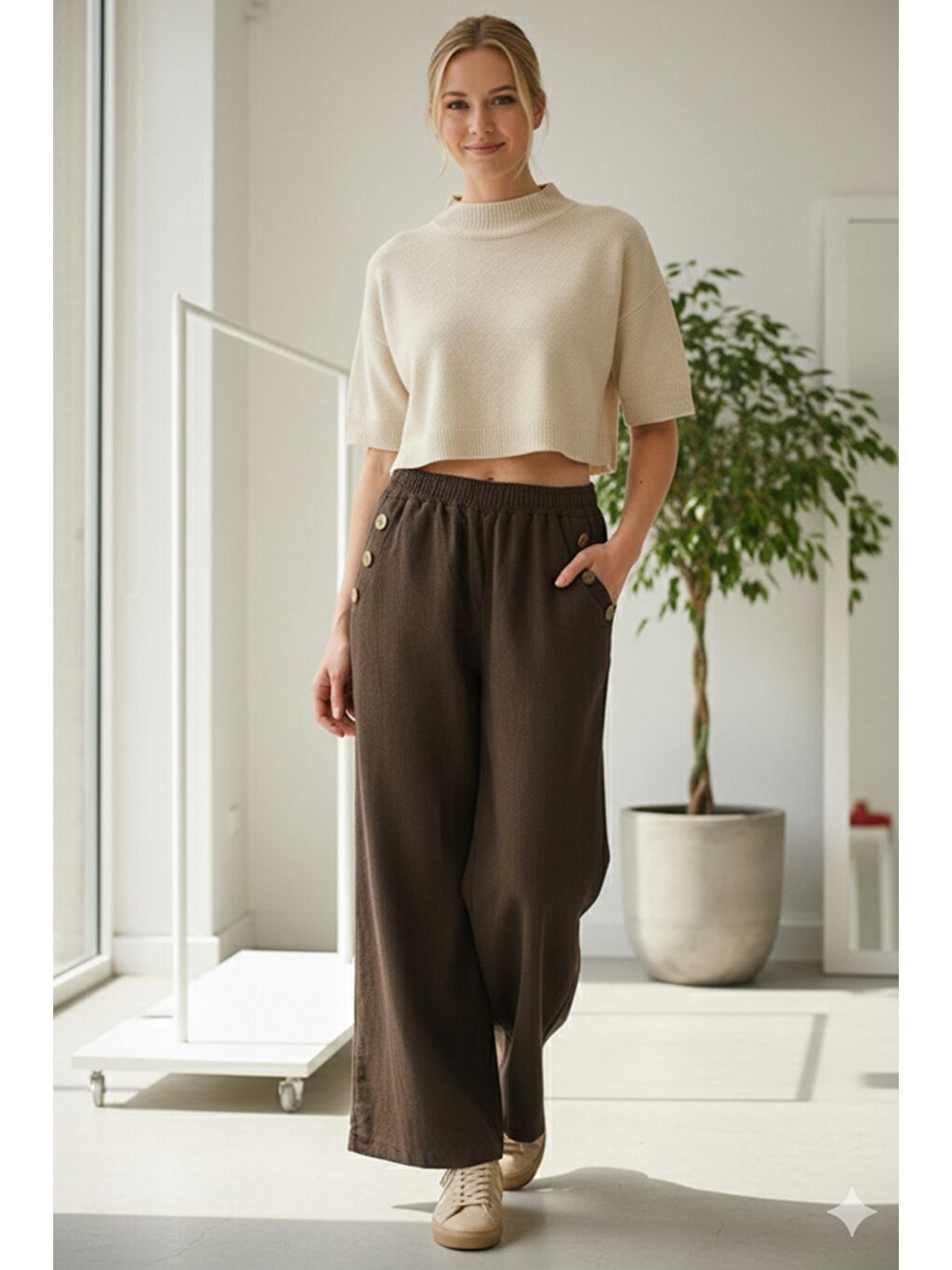 İtalyan Kahverengi Cepli Lastikli Bel Geniş Paça İnce Fitilli Kadife Dokuma Pantolon 100 62-3