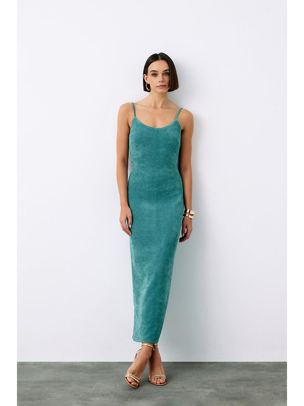 Yeşil Askılı Kadife Midi Elbise - Mint-1