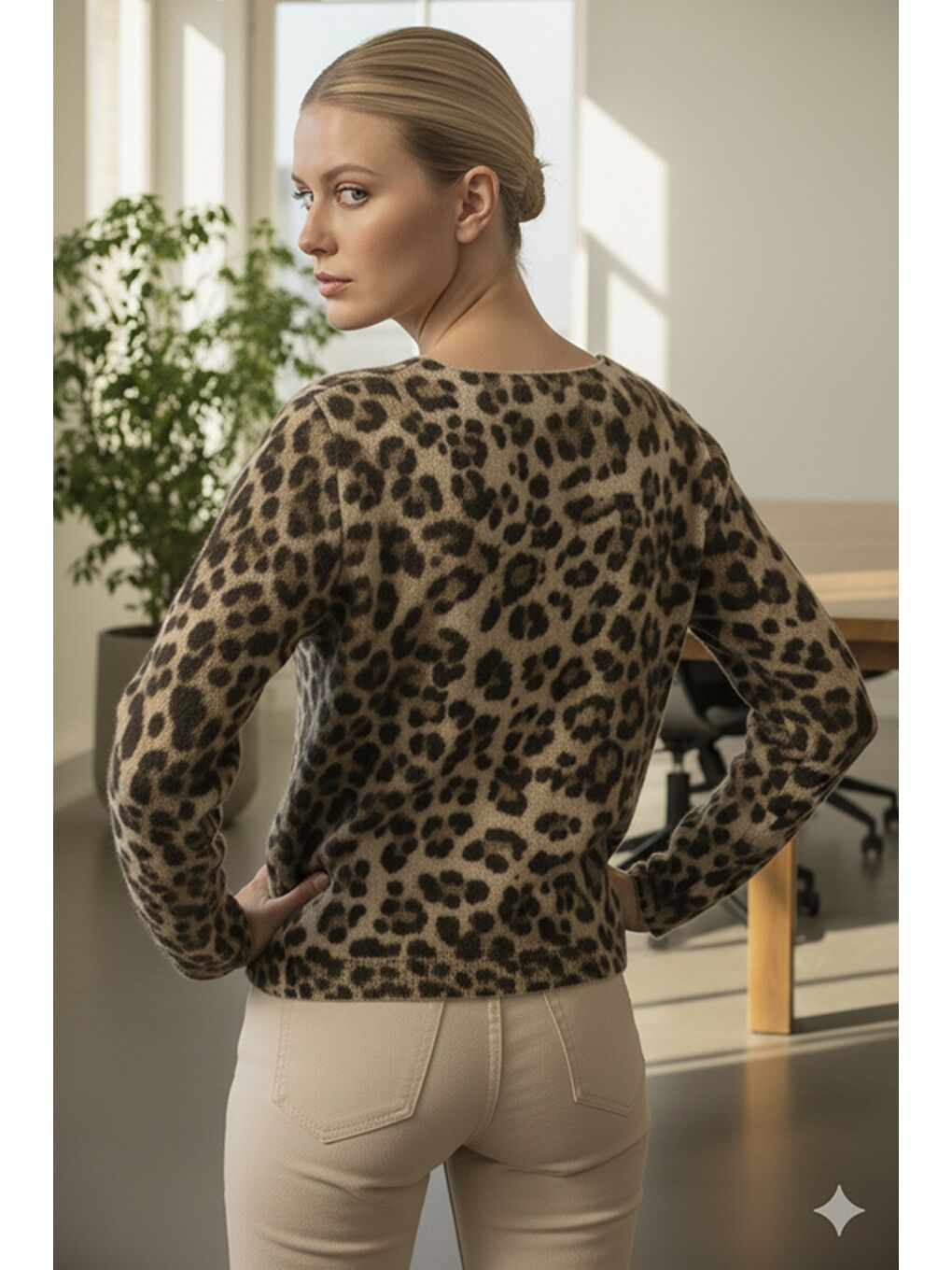 Ekru İtalyan Krem Rengi V Yaka Uzun Kol Leopar Desenli İnce Casual Oversize Triko Bluz 64 54-4