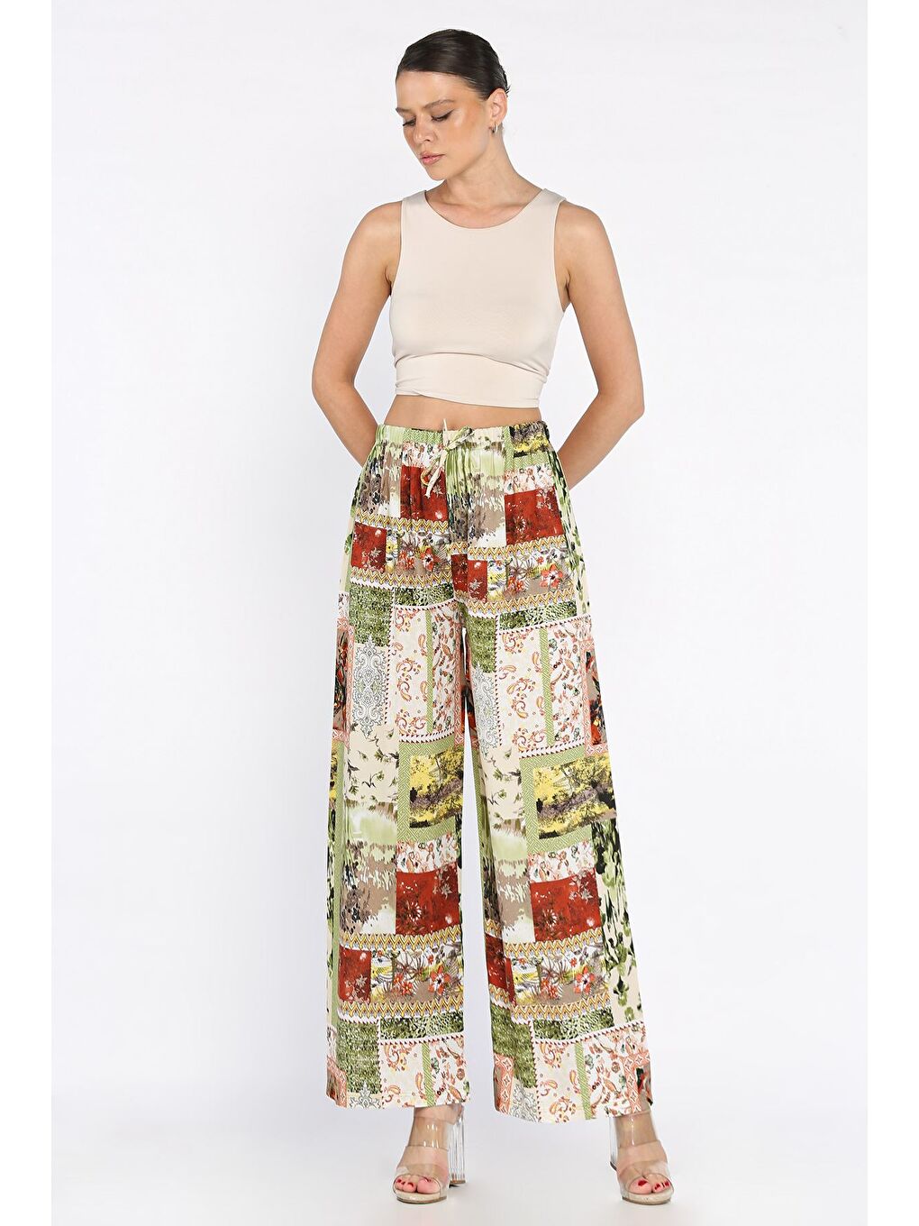 Yeşil Kadın Bel Lastikli Etnik Desenli Büyük Beden Viskon Yürüyüş Pantolonu