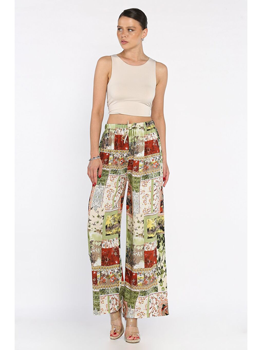 Yeşil Kadın Bel Lastikli Etnik Desenli Büyük Beden Viskon Yürüyüş Pantolonu-1