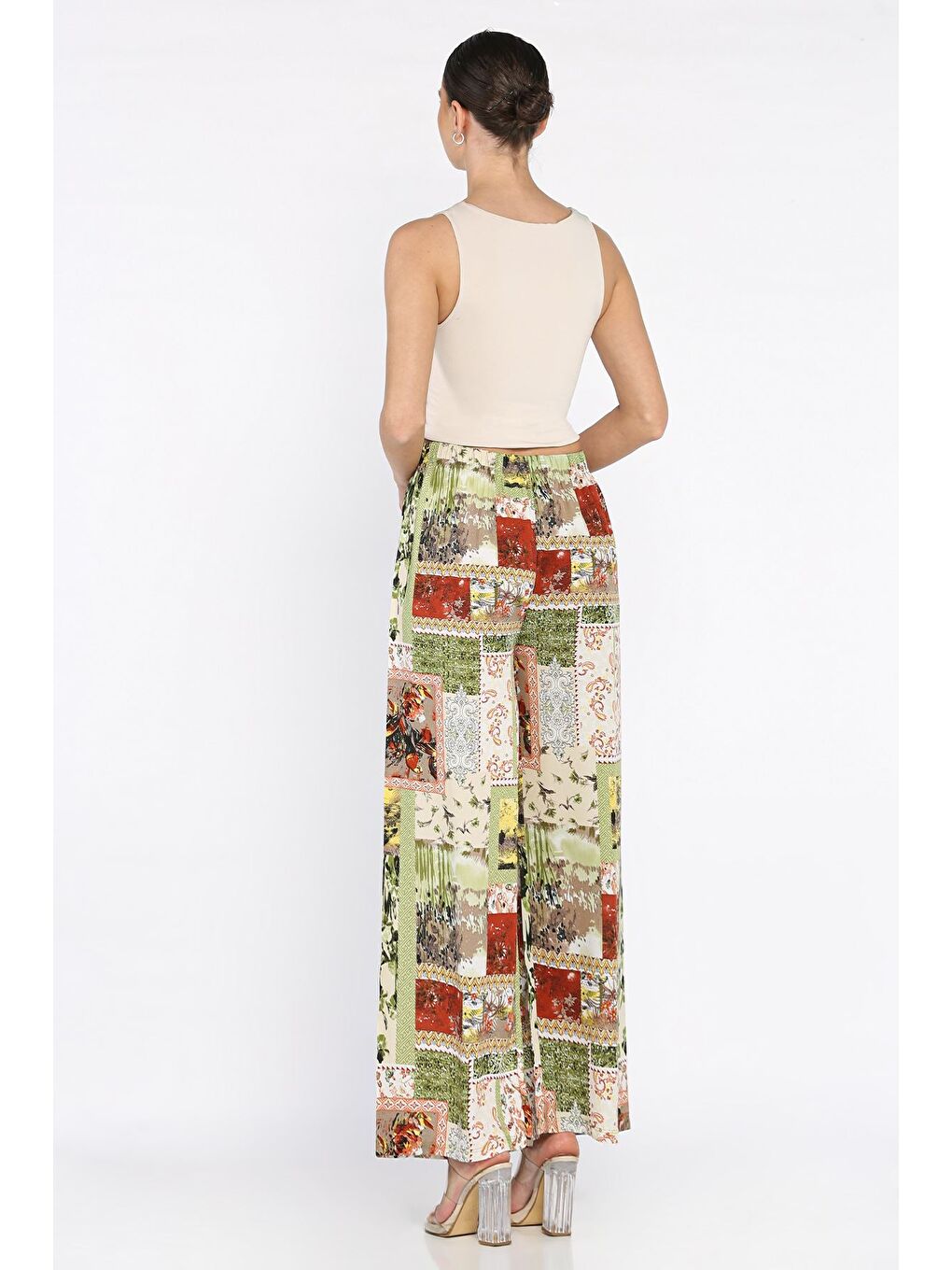 Yeşil Kadın Bel Lastikli Etnik Desenli Büyük Beden Viskon Yürüyüş Pantolonu-2