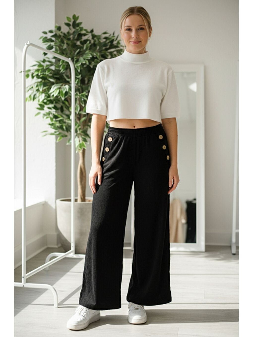 İtalyan Siyah Cepli Lastikli Bel Geniş Paça İnce Fitilli Kadife Dokuma Pantolon 100 62-1