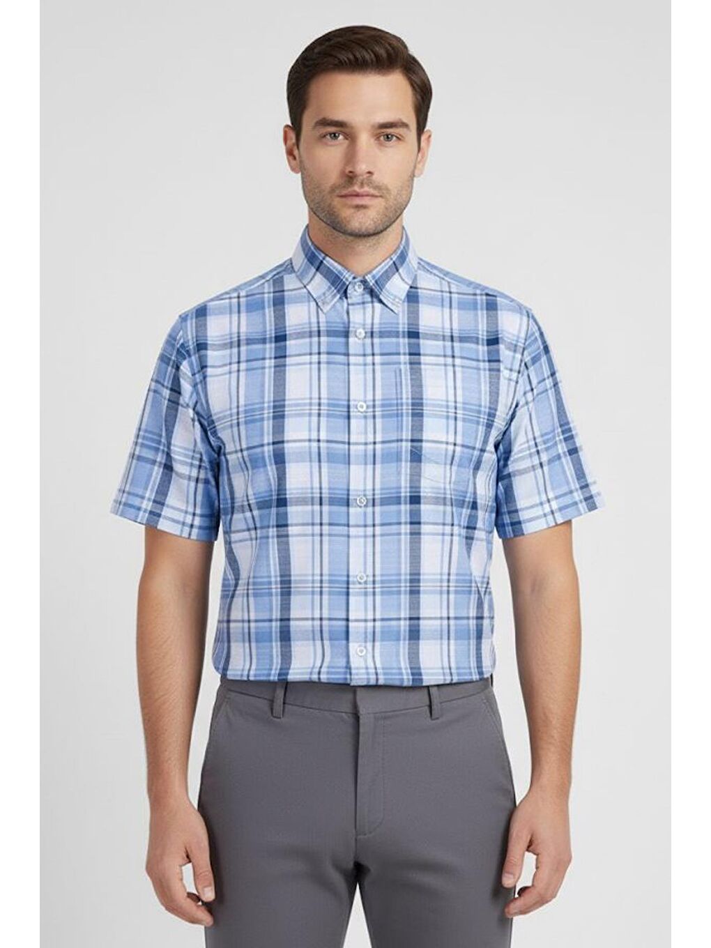 Kısa Kollu Ekose Desenli Pamuk Gömlek Mavi