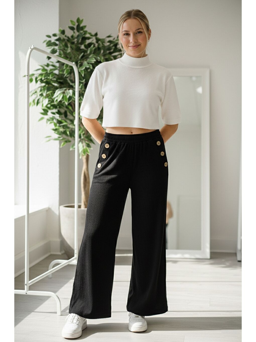 İtalyan Siyah Cepli Lastikli Bel Geniş Paça İnce Fitilli Kadife Dokuma Pantolon 100 62-2