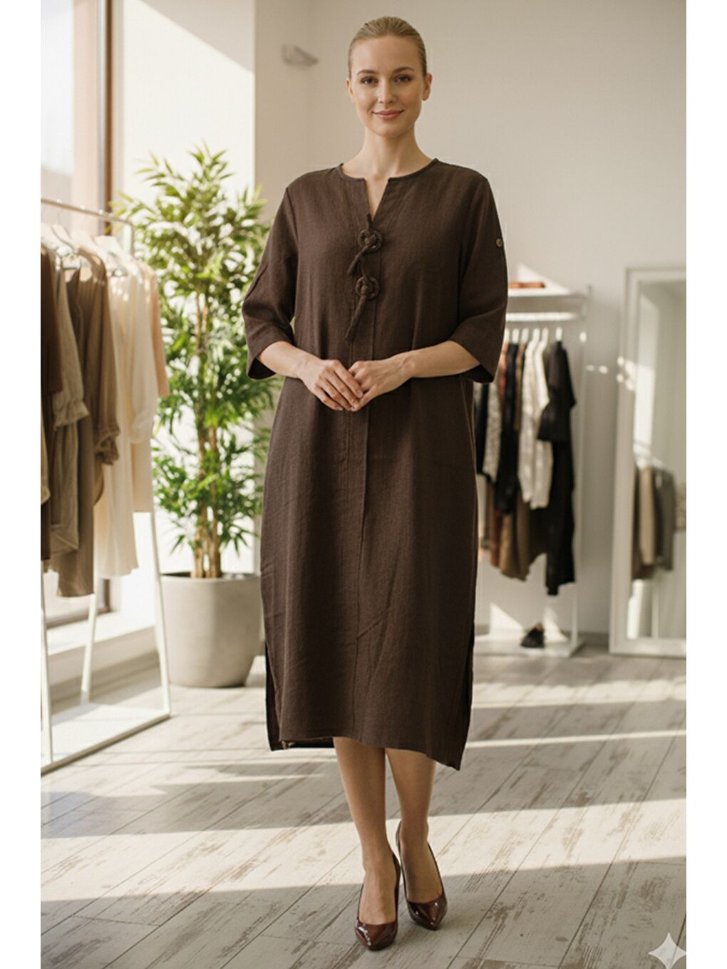 İtalyan Kahverengi Düğmeli 3/4 Kol Yırtmaçlı İnce Fitilli Kadife Uzun Dokuma Elbise 120 55