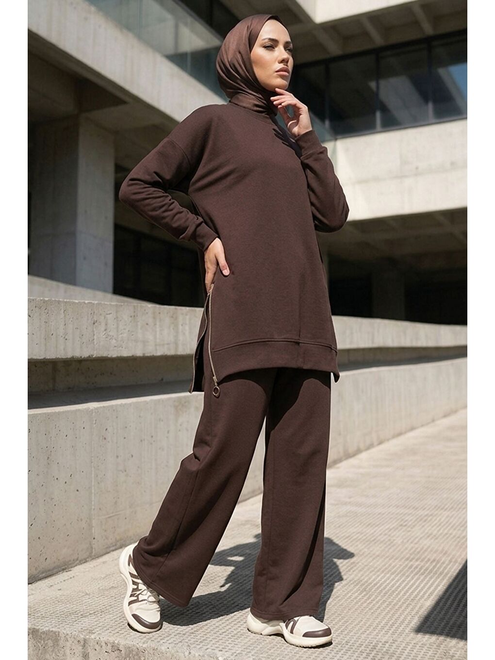 Kahverengi Yan Fermuarlı Tunik Pantolon Tesettür İkili Takım-5