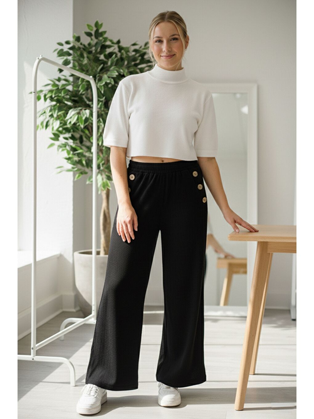 İtalyan Siyah Cepli Lastikli Bel Geniş Paça İnce Fitilli Kadife Dokuma Pantolon 100 62-3