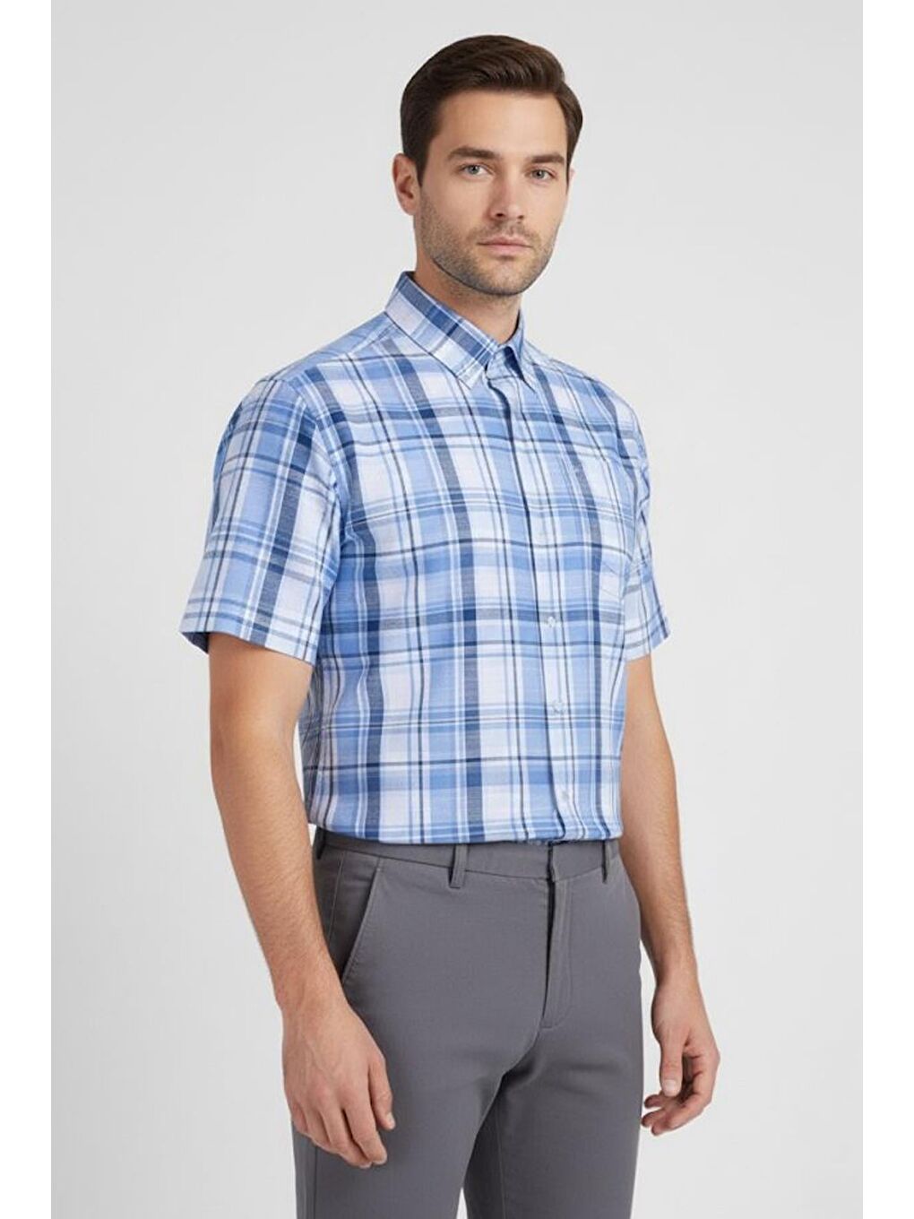 Kısa Kollu Ekose Desenli Pamuk Gömlek Mavi-1