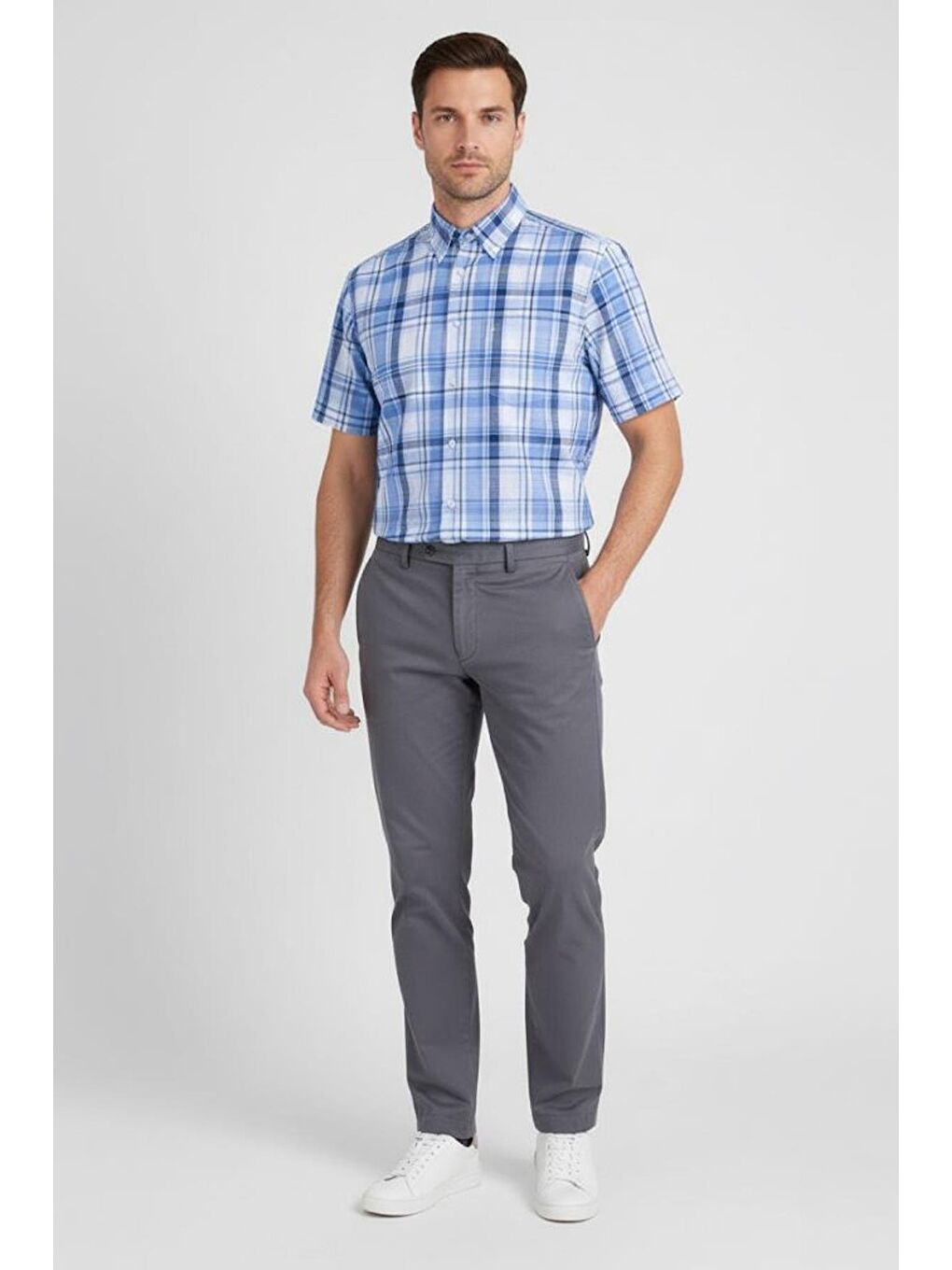 Kısa Kollu Ekose Desenli Pamuk Gömlek Mavi-2