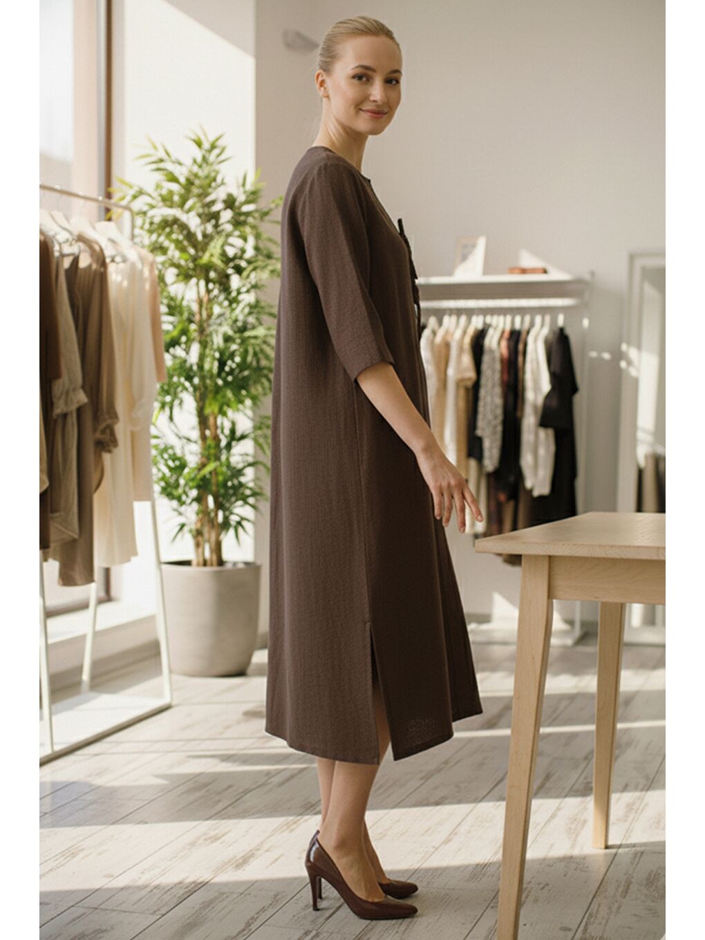 İtalyan Kahverengi Düğmeli 3/4 Kol Yırtmaçlı İnce Fitilli Kadife Uzun Dokuma Elbise 120 55-2