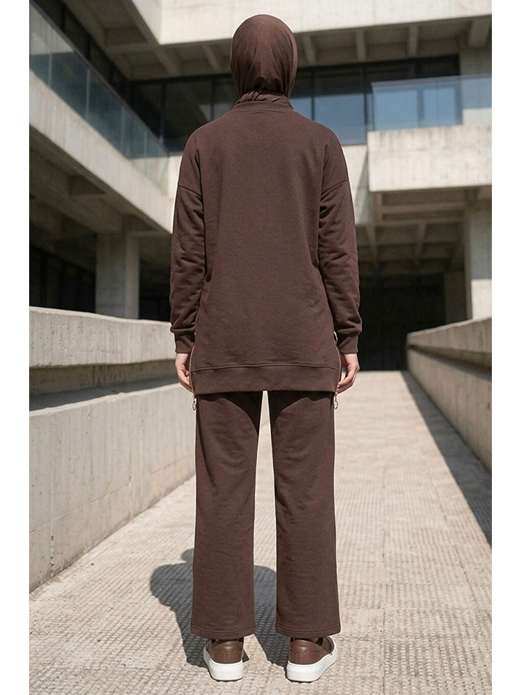 Kahverengi Yan Fermuarlı Tunik Pantolon Tesettür İkili Takım-8