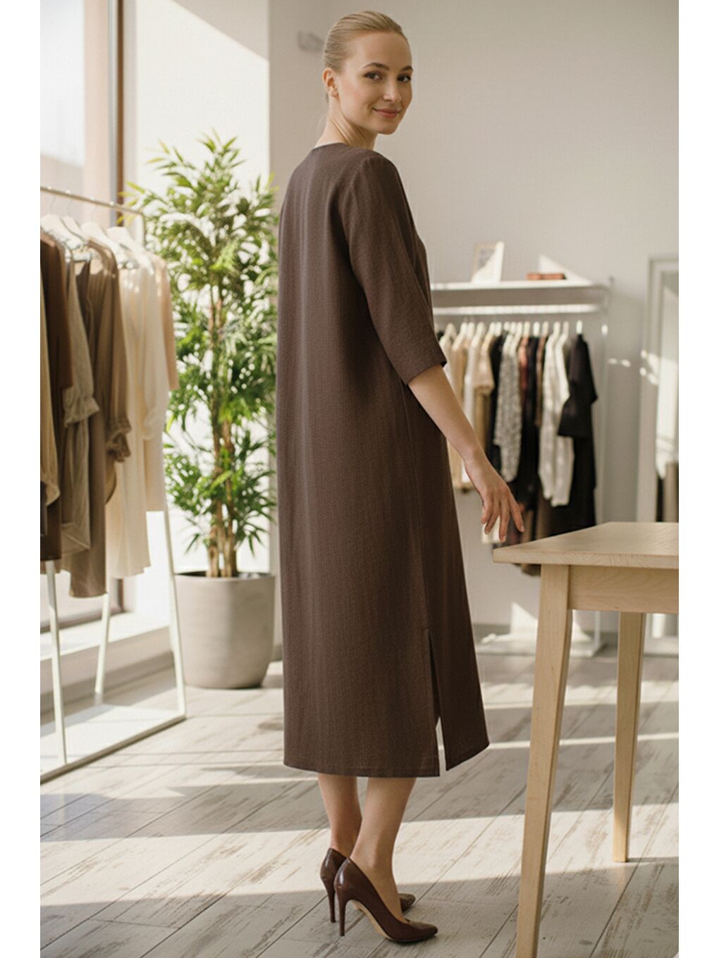 İtalyan Kahverengi Düğmeli 3/4 Kol Yırtmaçlı İnce Fitilli Kadife Uzun Dokuma Elbise 120 55-3