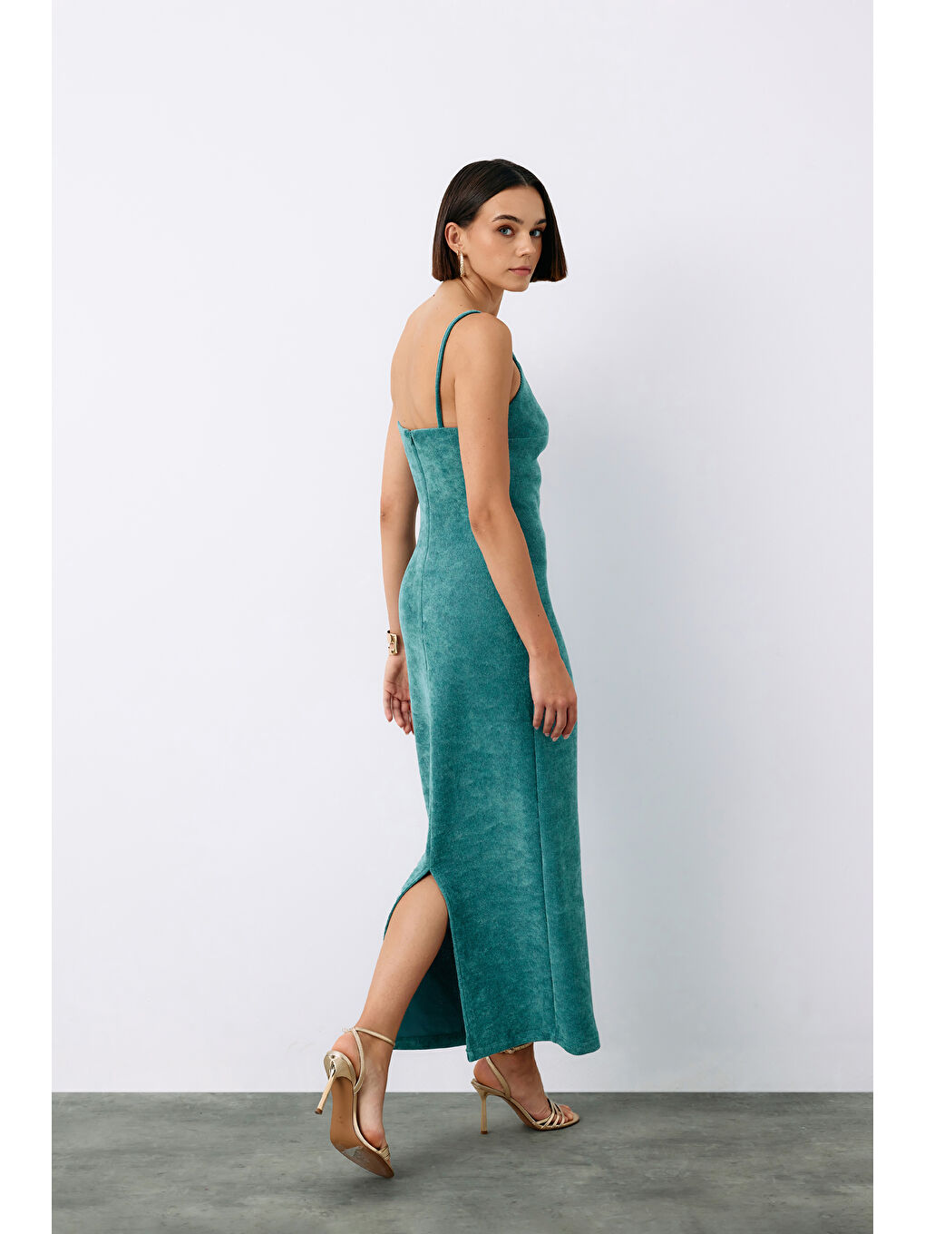 Yeşil Askılı Kadife Midi Elbise - Mint-6