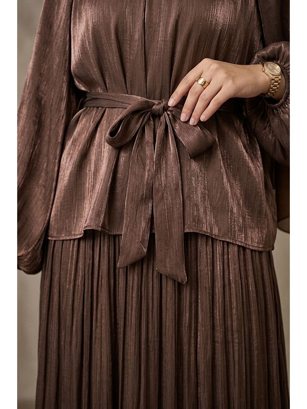 Kahverengi Astarlı Bluz Etek Şifon Tesettür İkili Takım-3