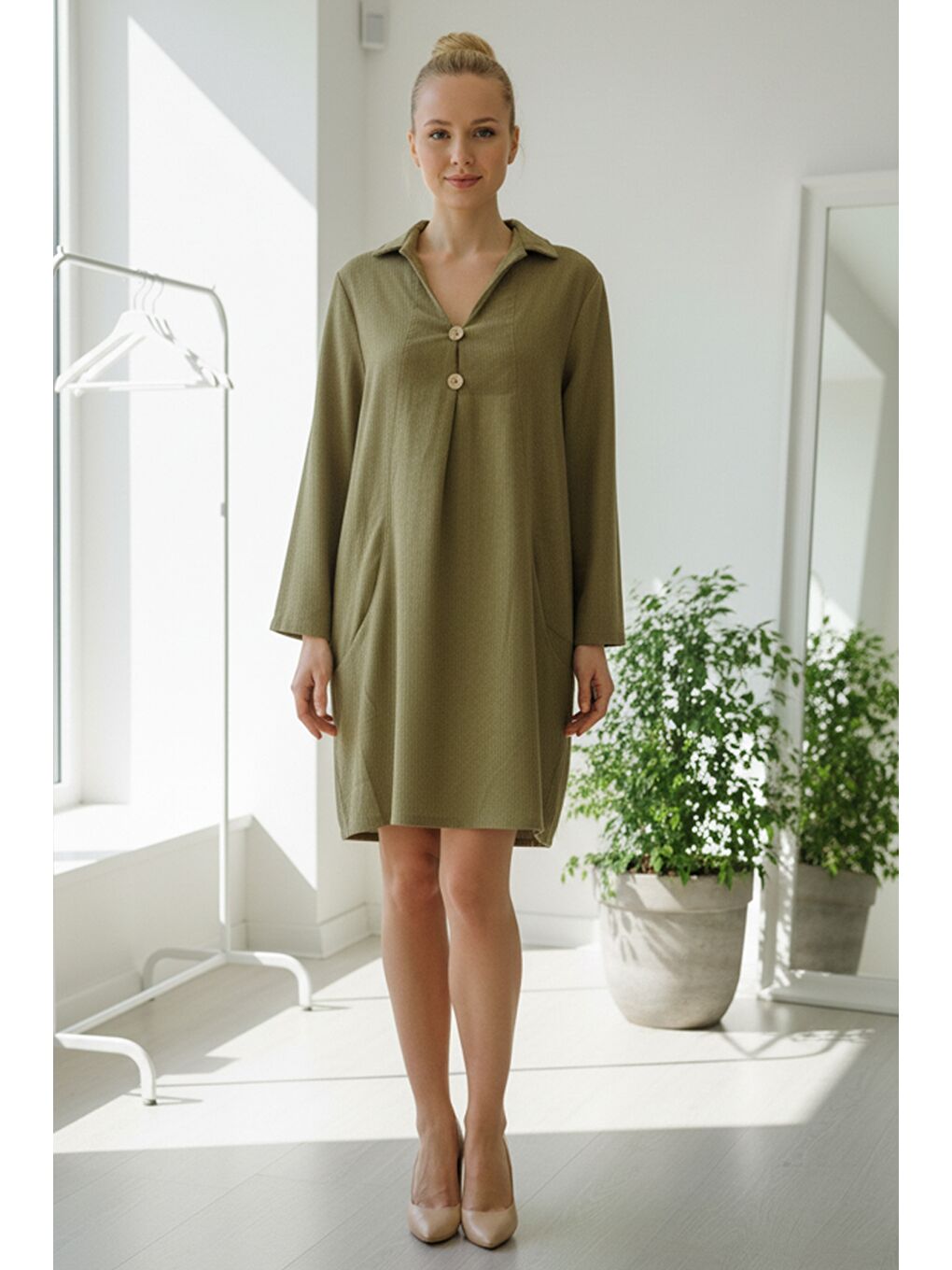 Sarı İtalyan Hardal Rengi Gömlek Yaka Uzun Kol Düğmeli Cepli İnce Fitilli Kadife Dokuma Elbise 100 55-2