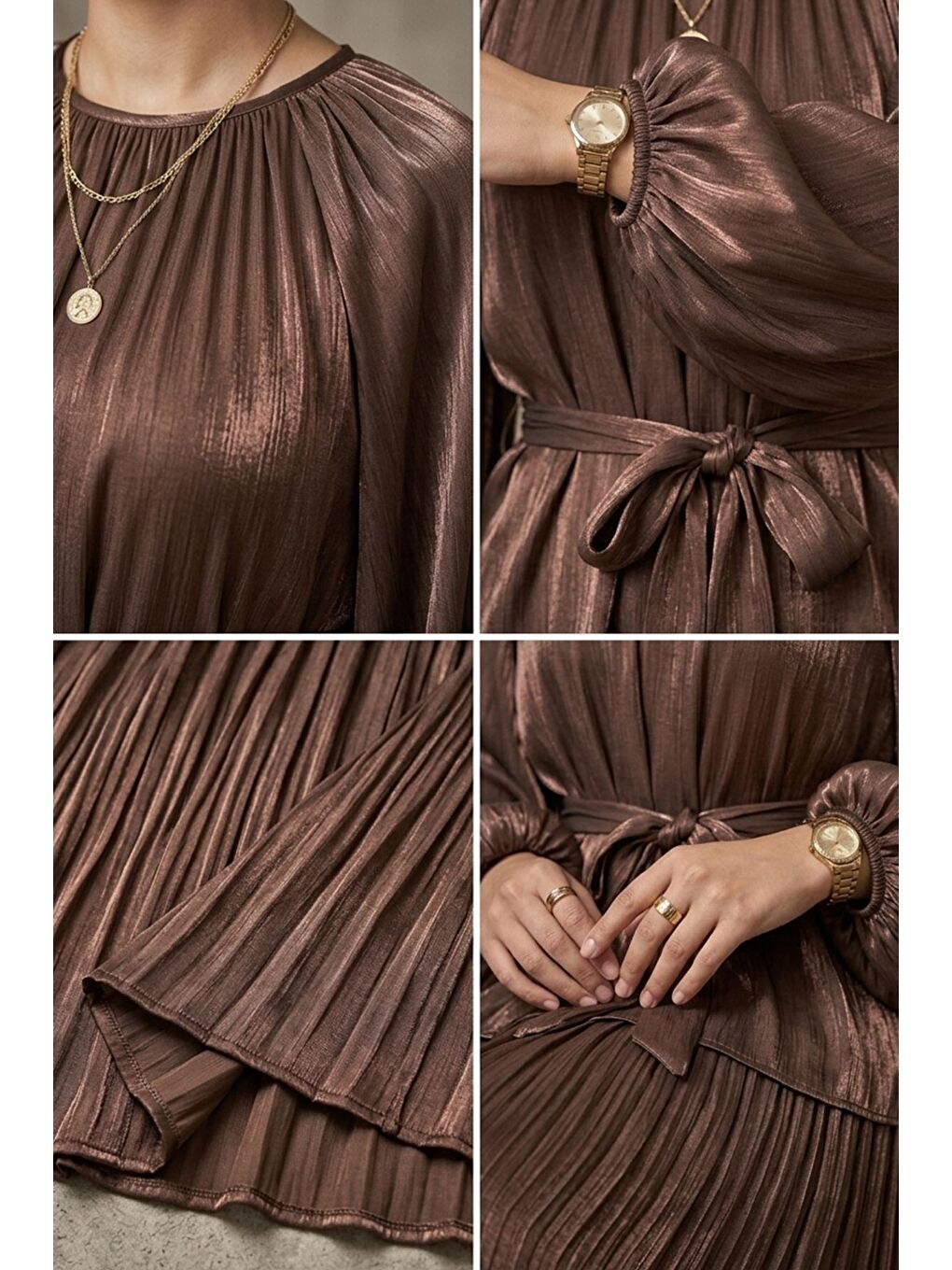 Kahverengi Astarlı Bluz Etek Şifon Tesettür İkili Takım-5