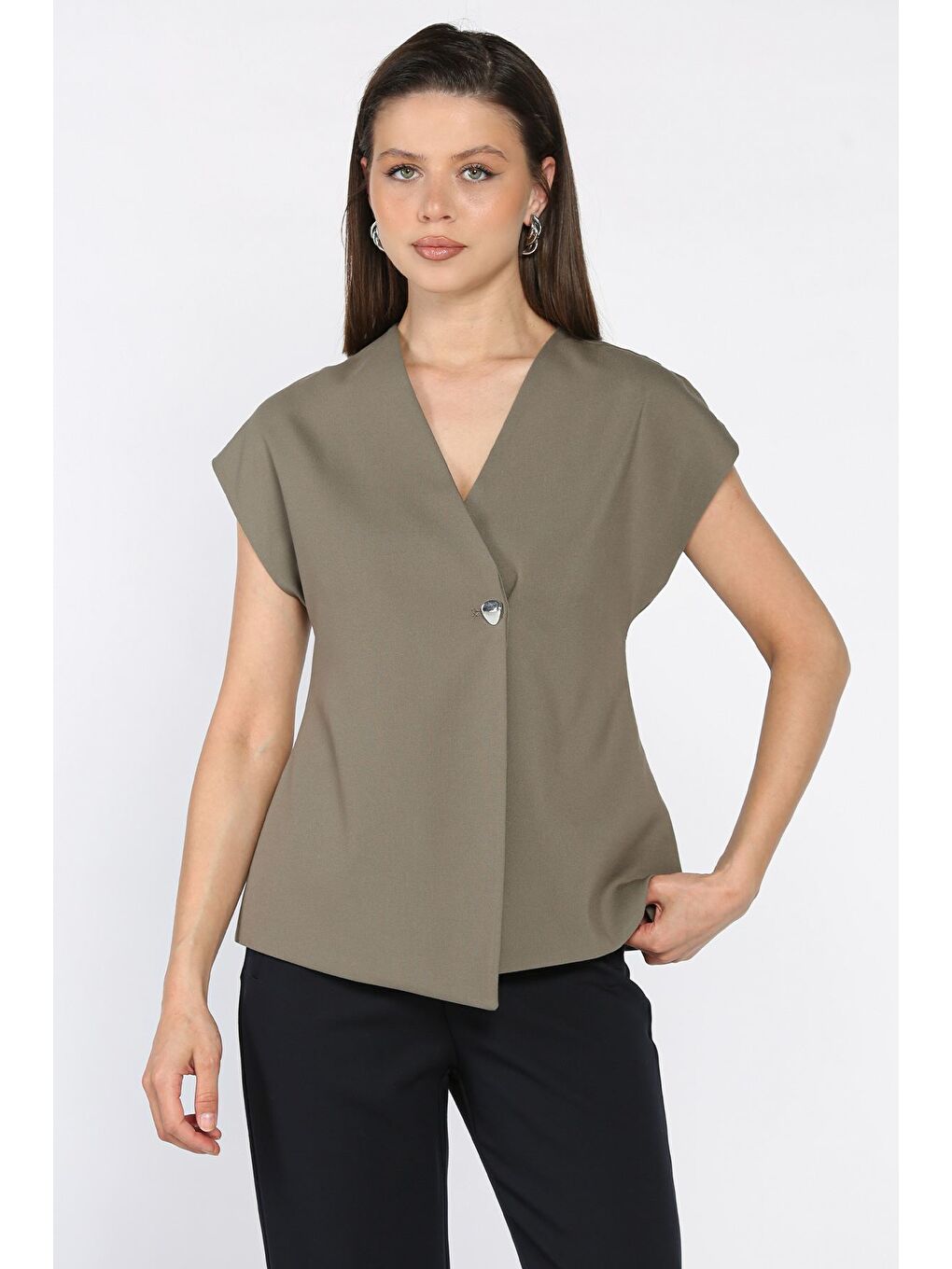 Haki Kadın Astarlı Tek Düğmeli Yelek