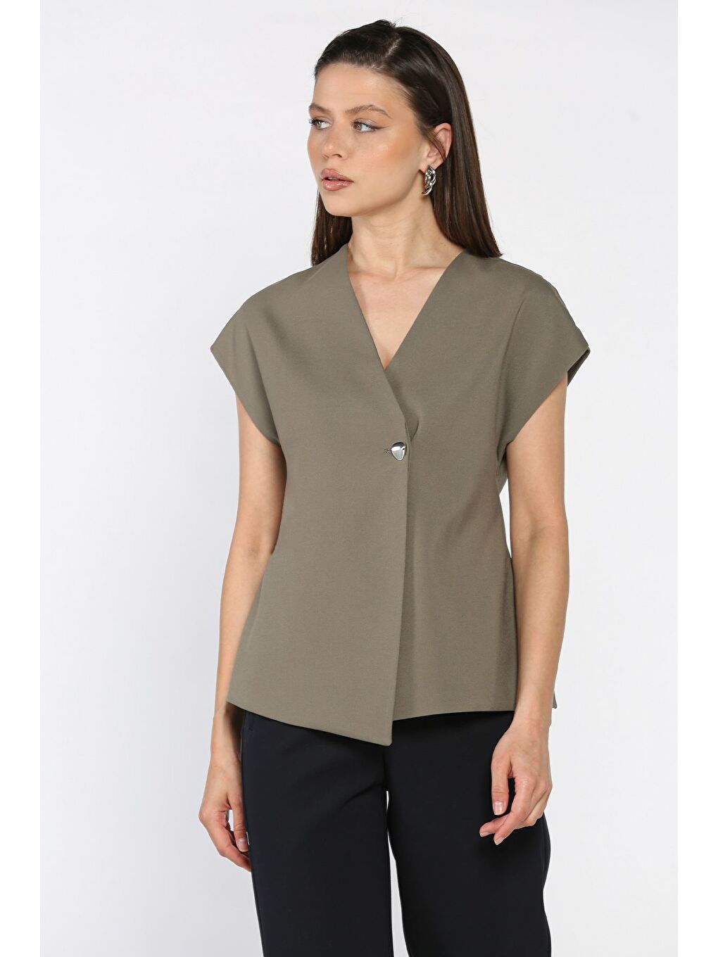 Haki Kadın Astarlı Tek Düğmeli Yelek-1