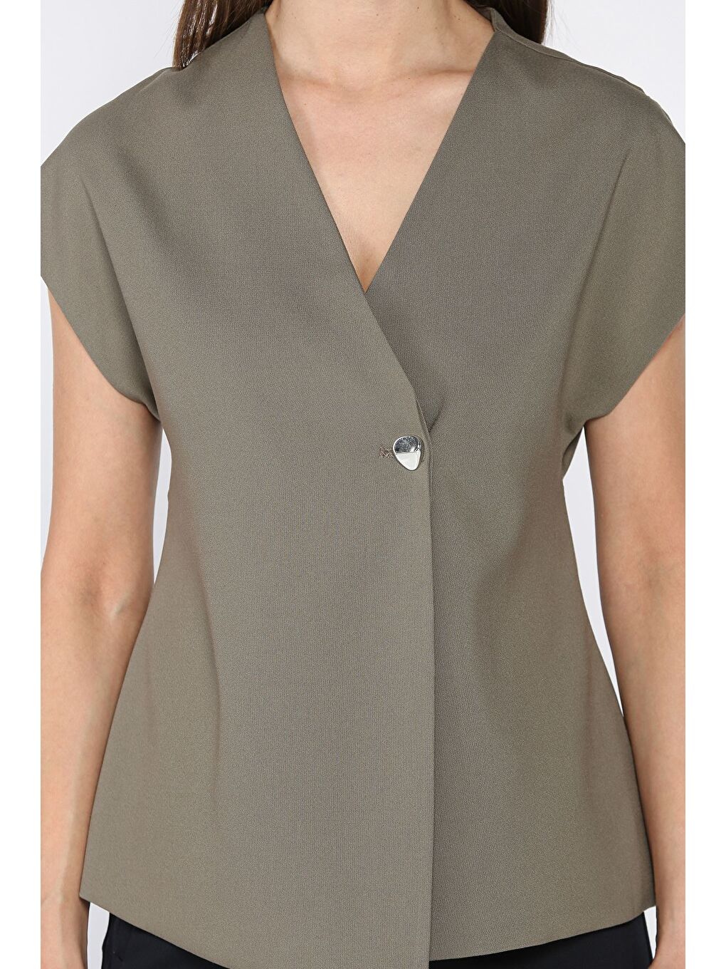 Haki Kadın Astarlı Tek Düğmeli Yelek-3