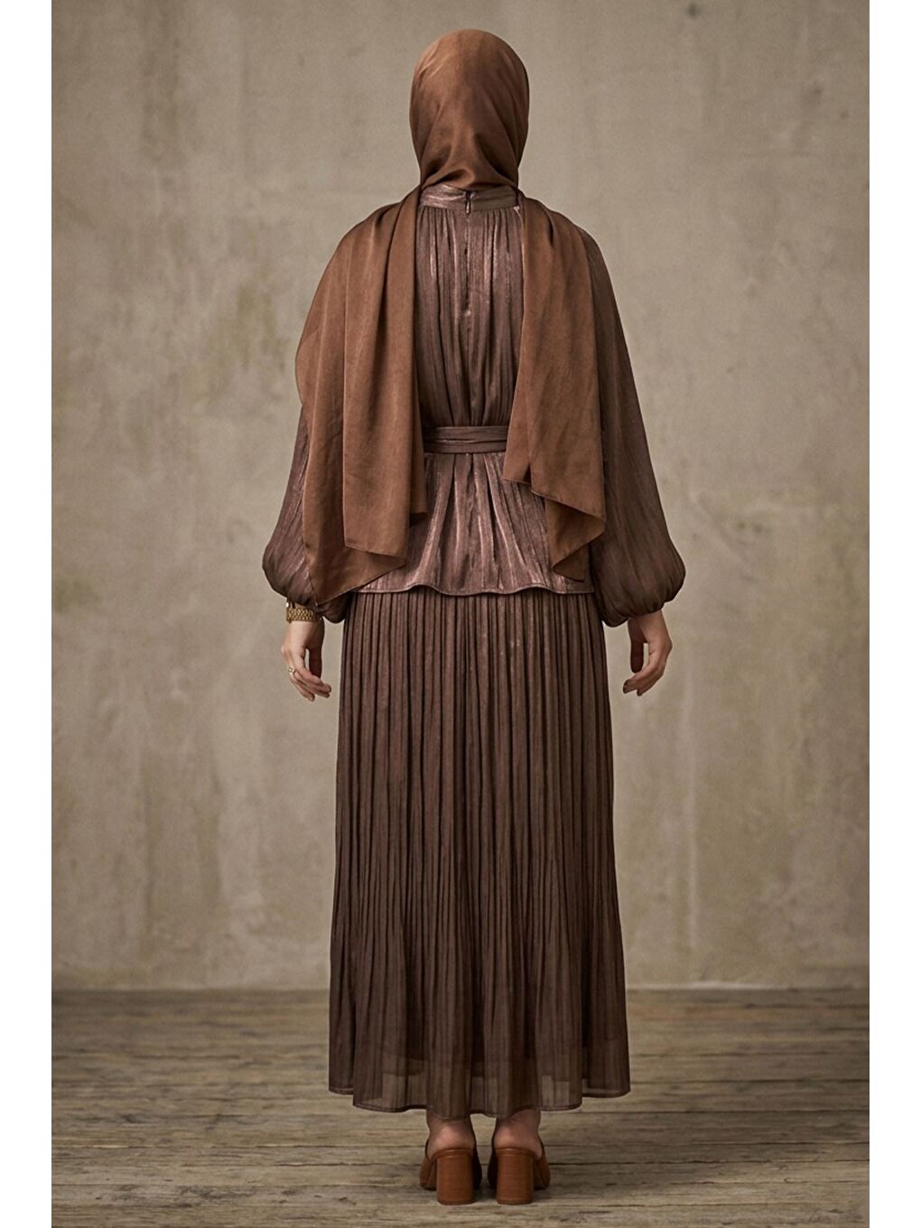 Kahverengi Astarlı Bluz Etek Şifon Tesettür İkili Takım-7