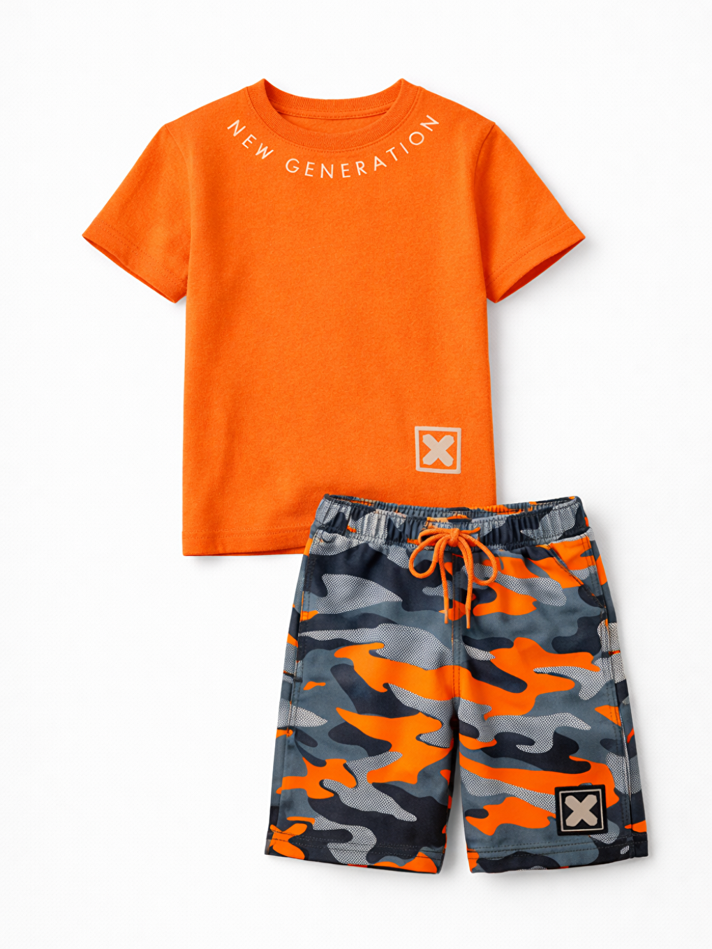 Turuncu Kamuflaj Baskılı Kordonlu Şort & Baskılı T-shirt-1